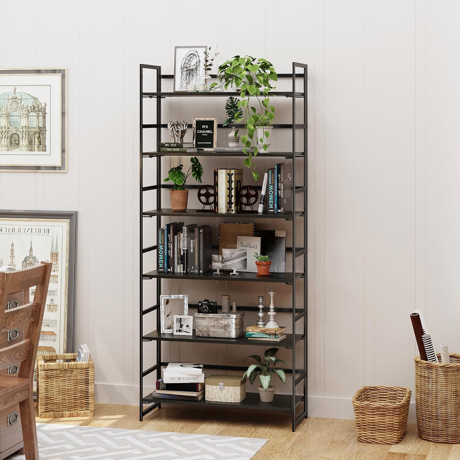 Vintage Multifunctional Folding Bookshelf, No-Assembly Plant Stand Storage Rack Shelves for Home Office (Fire, 5-Tier)