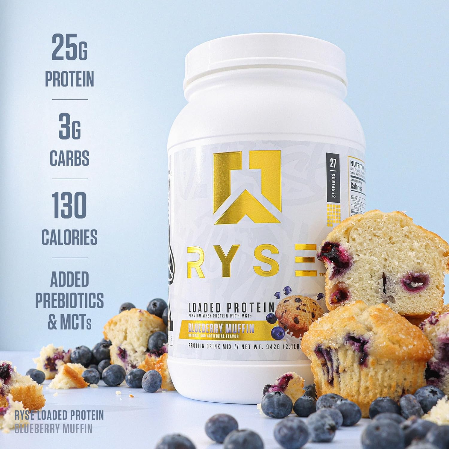 RYSE Loaded Protein Powder - Peanut Butter Cup - 25g Whey Protein Isolate & Concentrate with Prebiotic Fiber & MCTs - Low Carb, Low Sugar
