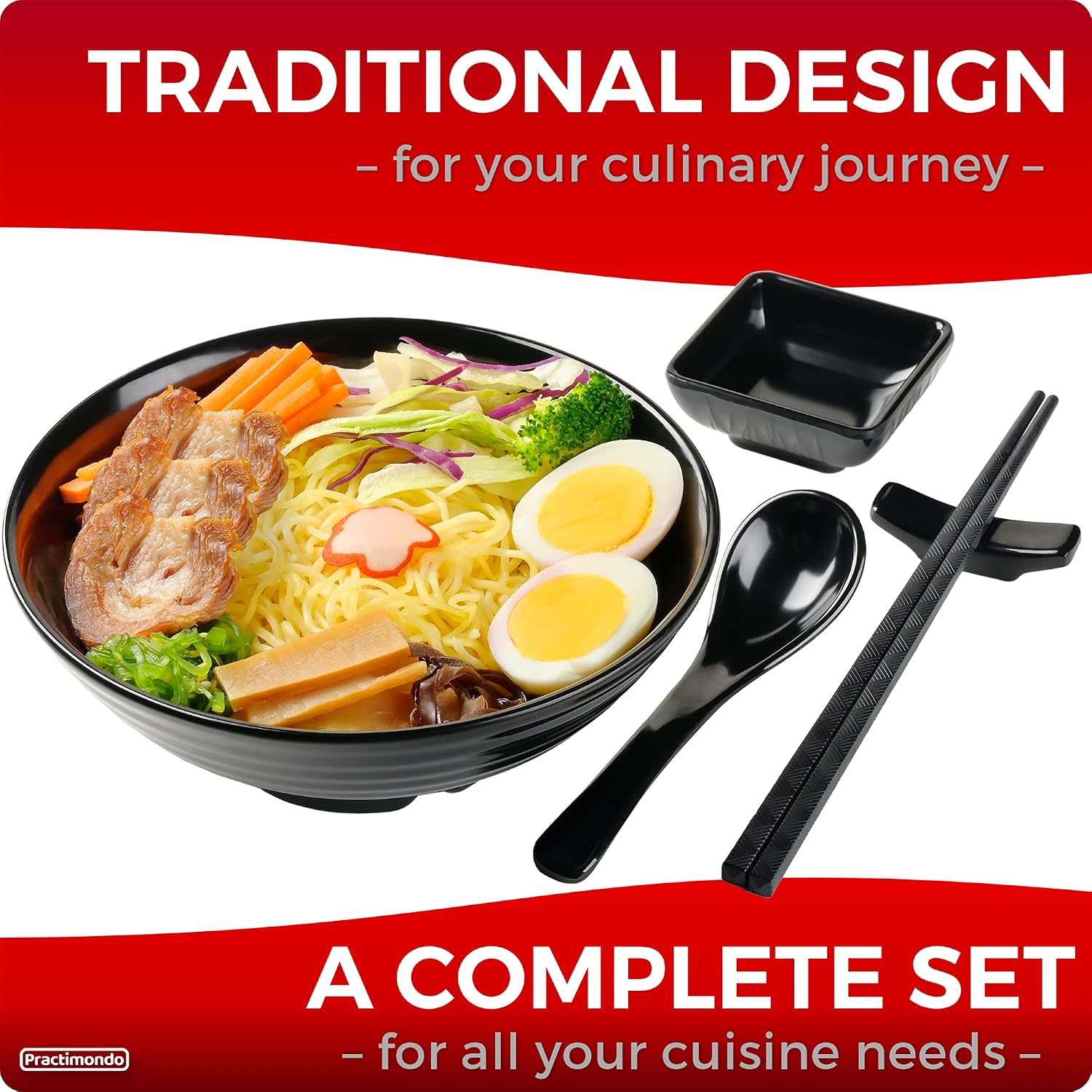 Unbreakable Ramen Bowl Set with Chopsticks and Spoon: 2 large Japanese Style Melamine Ramen Bowls