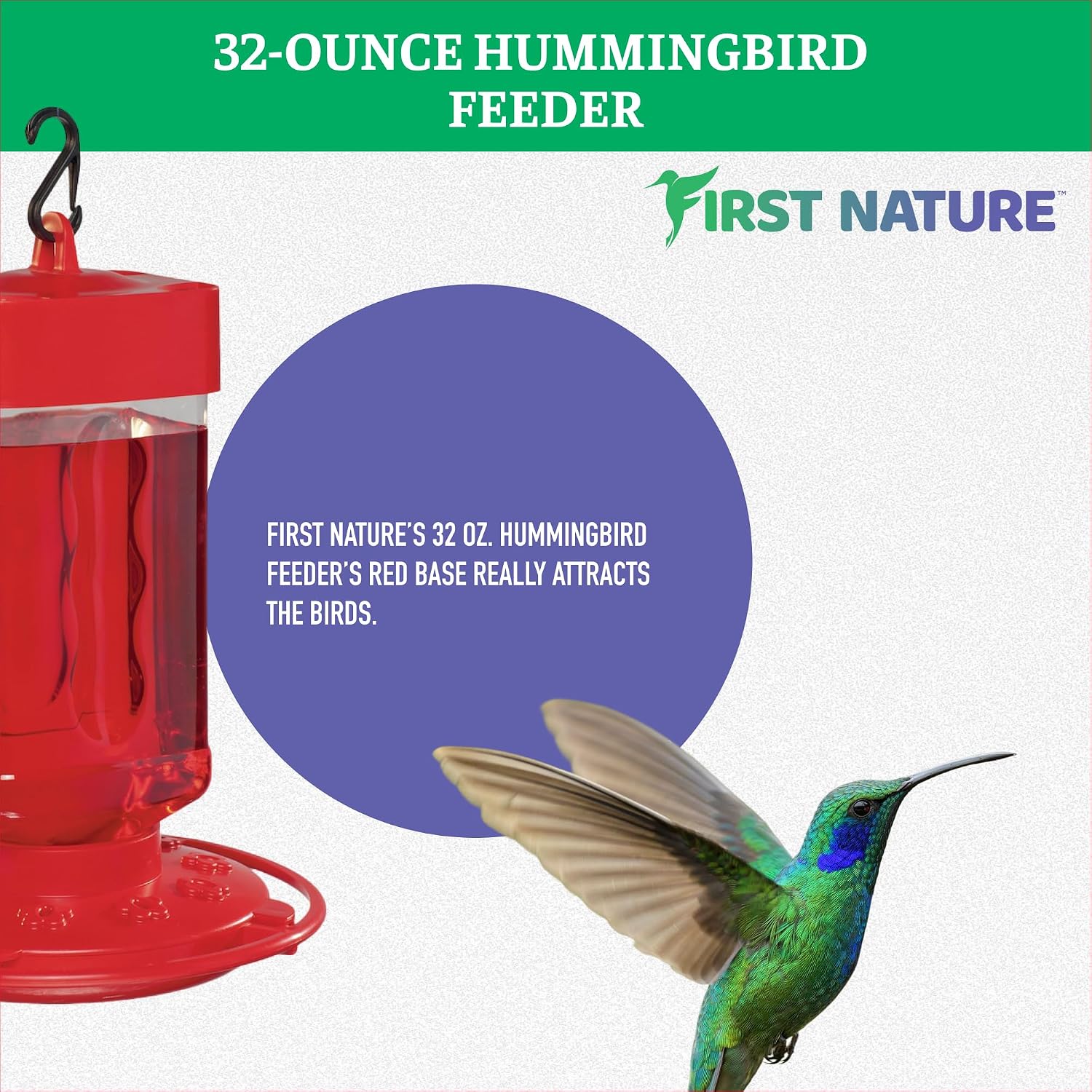 First Nature Hummingbird Feeder - 10 Feeding Ports - Red Base | Wide Mouth Prevents Messy Spills - Sealing Ring Prevents Bottom Leaks - Multi-Port Base Accommodates Flocks