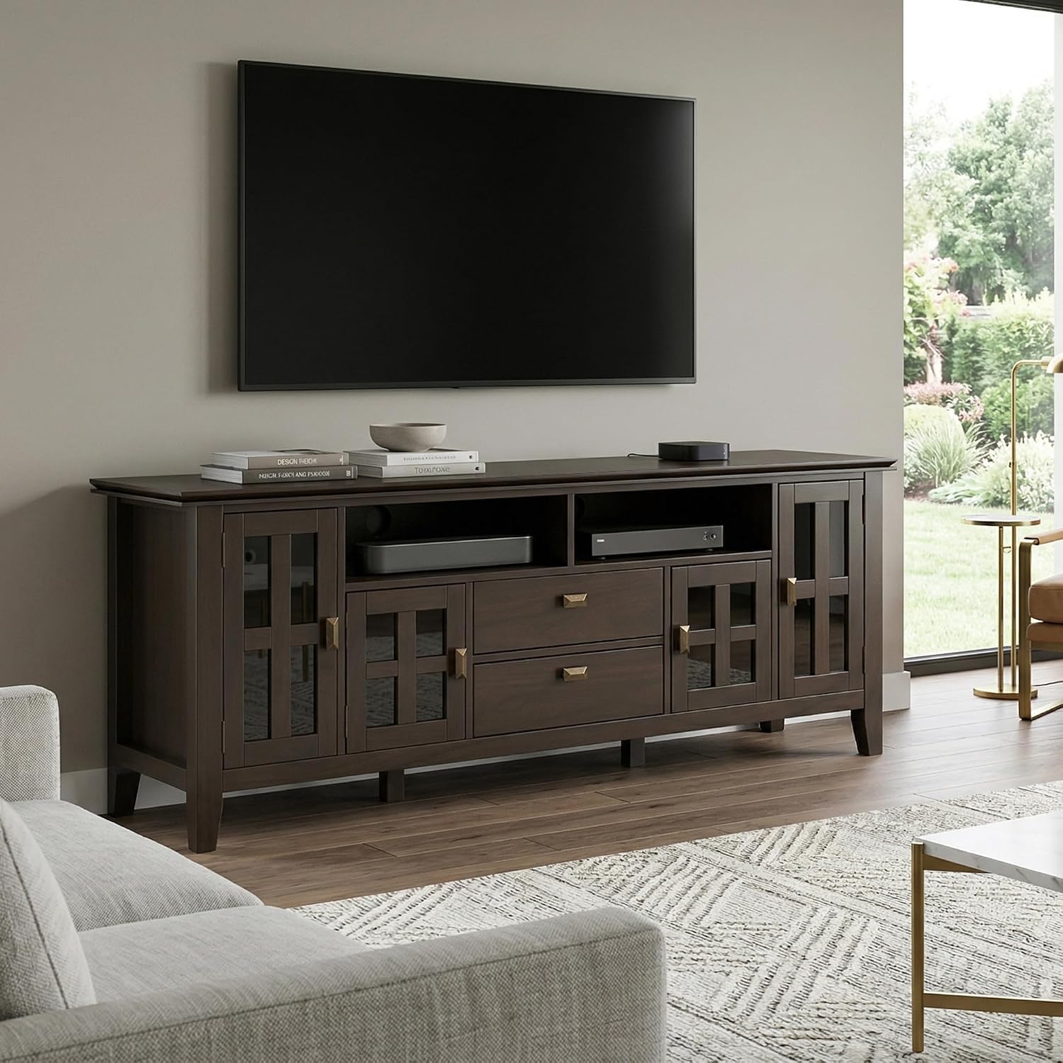 SIMPLIHOME Artisan 53" Wide Solid Wood TV Stand in Russet Brown