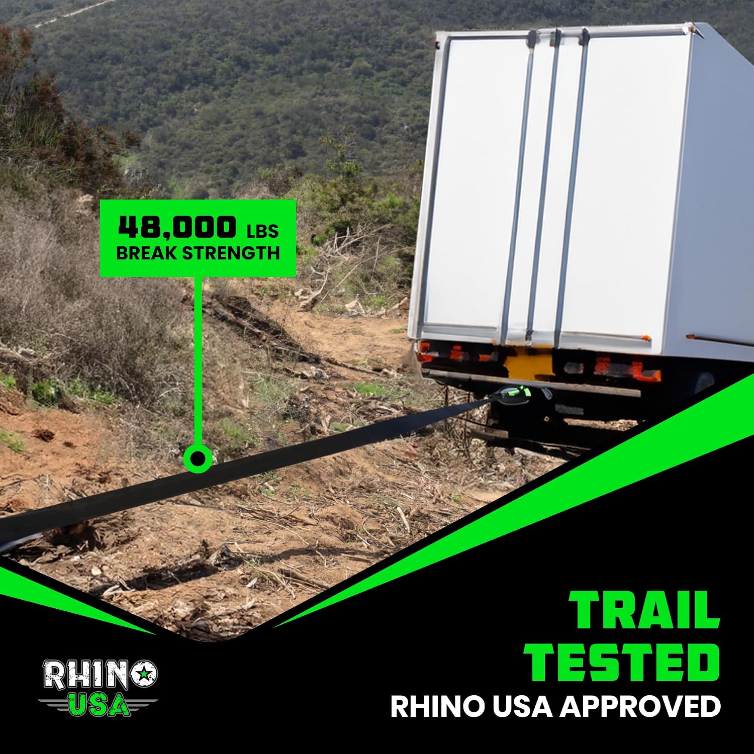 Rhino USA Recovery Tow Strap (3in x 30ft) - 31,518lb Heavy Duty Towing | 31,518lb Break Strength Emergency Tow Strap, Extended 30ft Length. For Truck, UTV, ATV & Jeep Offroad Recovery. Black