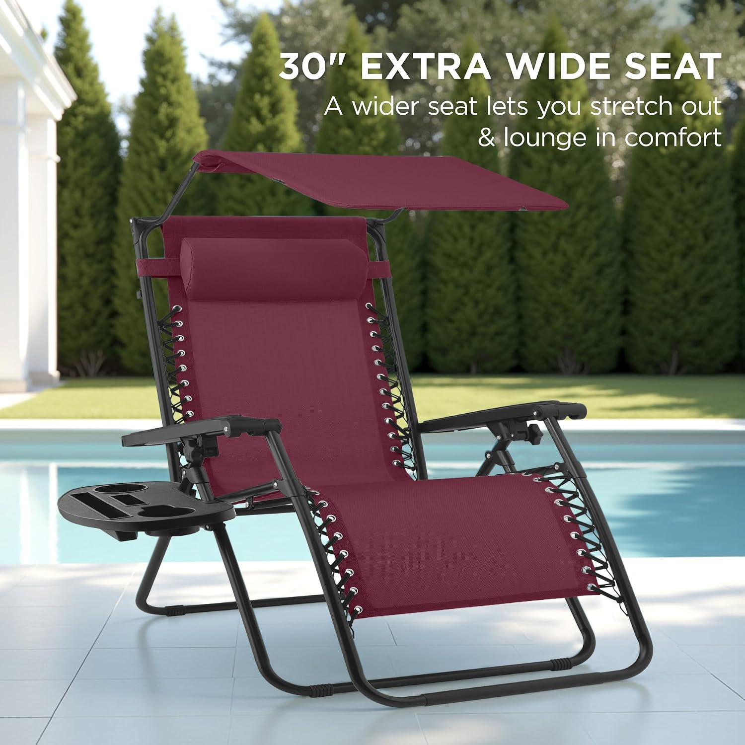 Best Choice Products Folding Zero Gravity Outdoor Recliner Patio Lounge Chair w/Adjustable Canopy Shade, Headrest, Side Accessory Tray, Textilene Mesh - Beige
