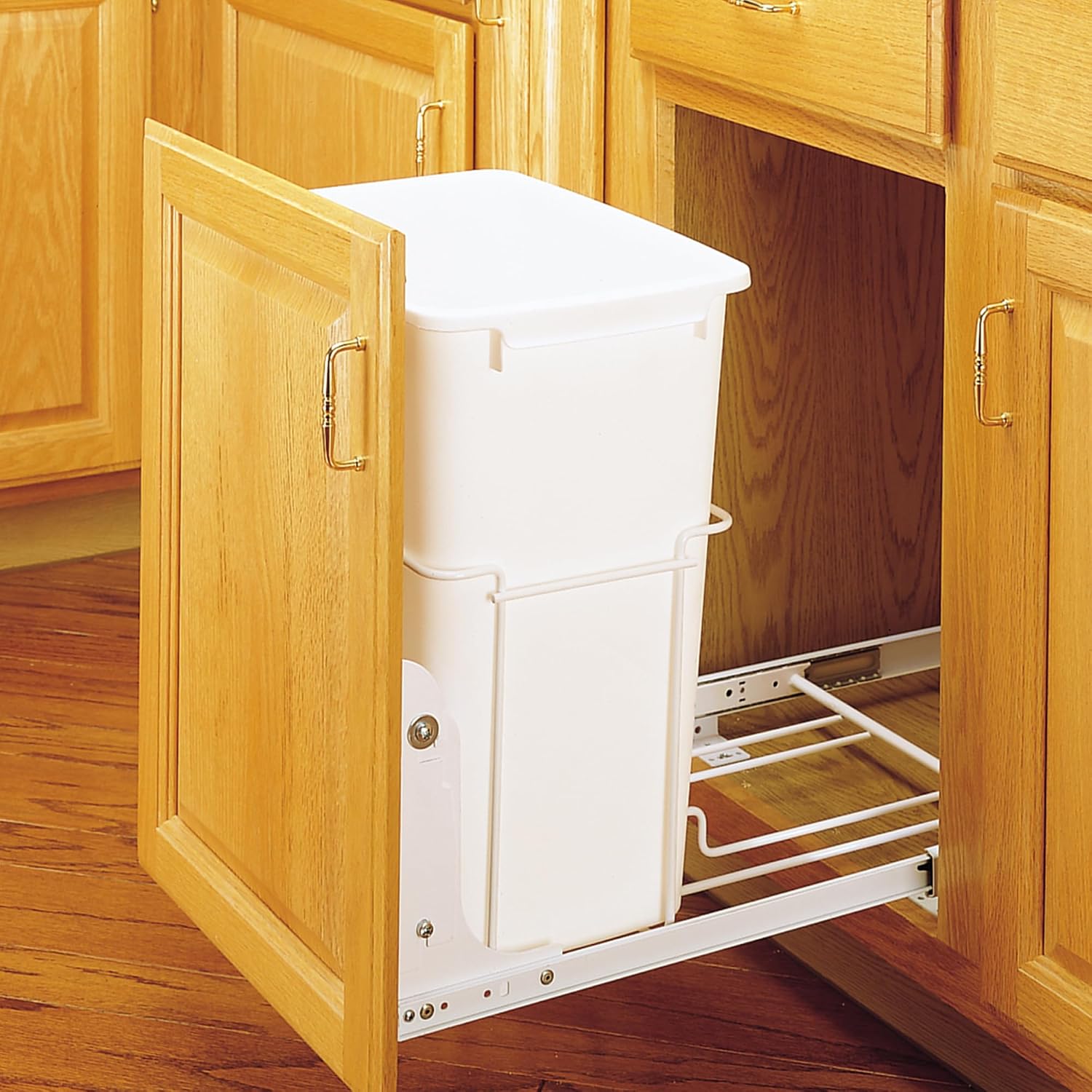 Rev-A-Shelf Double 35 Qt Pullout Trash Can for Base Kitchen Cabinets, Garbage Waste Bin System with Full-Extension Slides, Min Opening Width of 14.75" White, RV-18PB-2 S