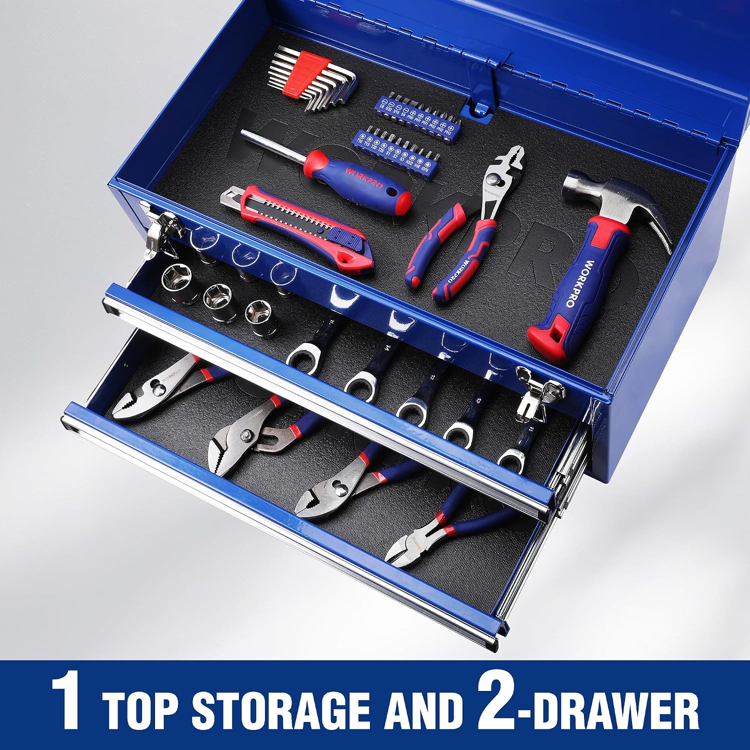 WORKPRO 15 Inch Metal Tool Box with 2 Drawers & 1 Top Storage, Heavy Duty Portable Tool Box with Handle for Garage, Office and Home, Up To 85 LBS Load Capacity
