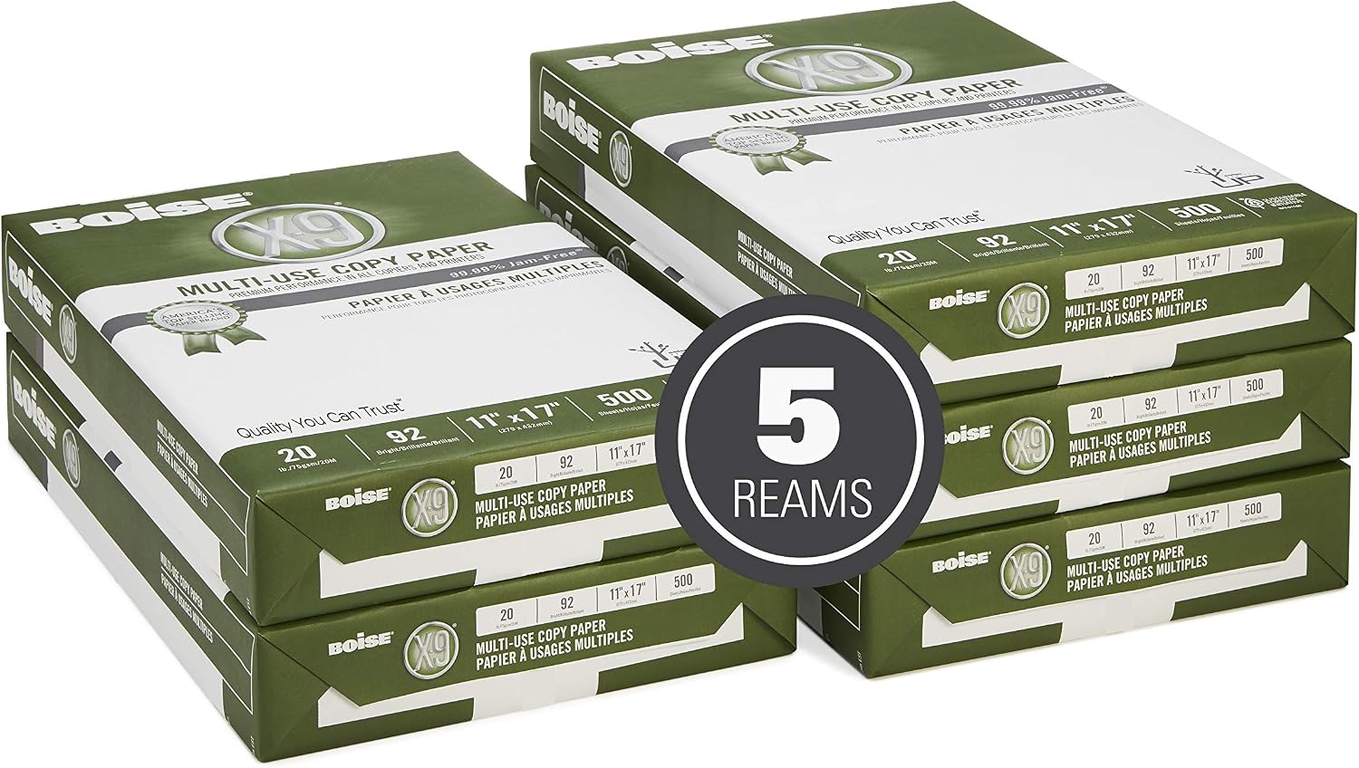 Boise X-9 Multi-Use Printer & Copy Paper, 5 Reams, White, Ledger (11in x 17in), 2500 Sheets Per Case, 20 Lb, 92 Brightness
