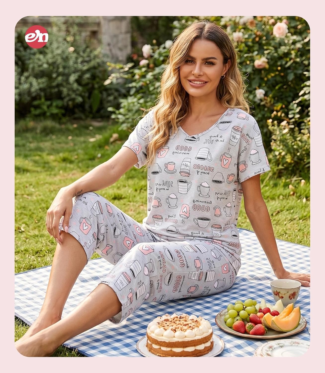 ENJOYNIGHT Womens Pajama Set Cotton Short Sleeve Top With Capri Pants Pj