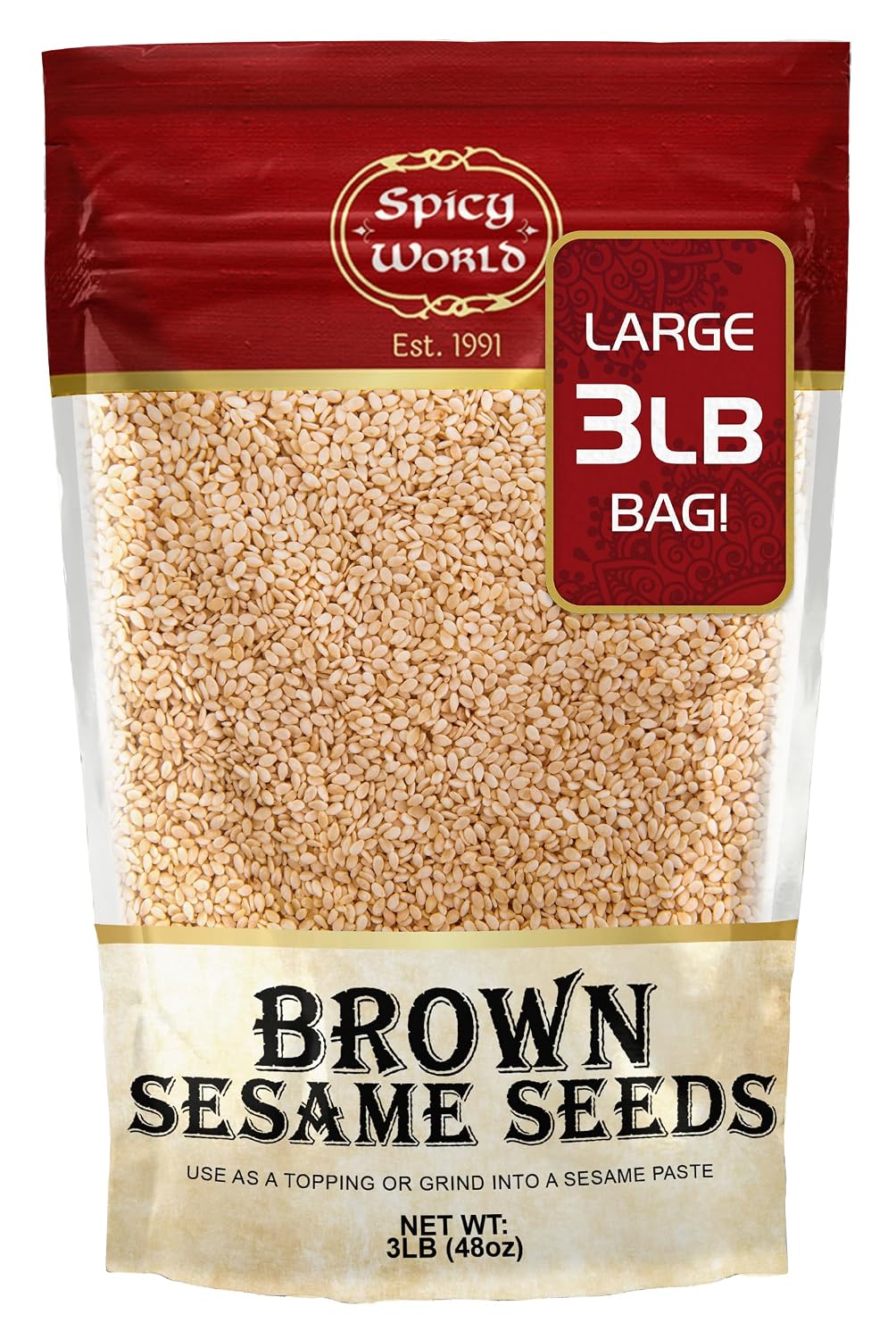 Spicy World Natural Brown Sesame Seeds 3 LB (48oz) - Non-GMO, Vegan, Raw, Unroasted, Unsalted, Plant-Based Protein, Source of Fiber & Iron