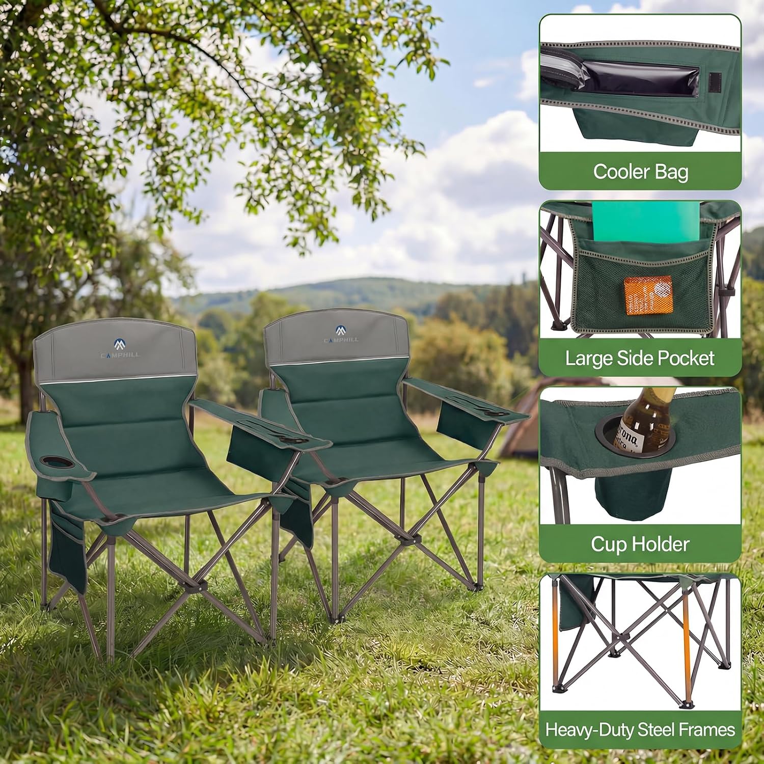 Oversized Camping Chairs 2 Pack - Heavy Duty 400LBS Padded Lawn Chair with Cooler Bag,Cup Holder,Side Pocket,Collapsible for Outdoor,Camp,Fishing & Garden,Dark Green