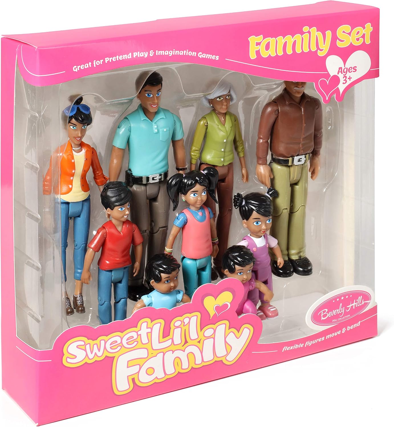Beverly Hills Doll Collection Sweet Li'l Family Hispanic Dollhouse People Set of 9 Action Figure Set - Grandpa, Grandma, Mom, Dad, Sister, Brother