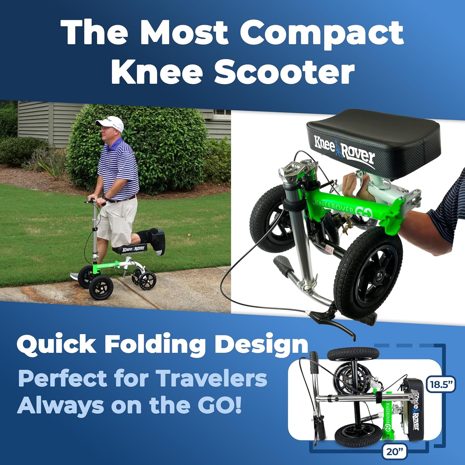 KneeRover GO Hybrid Knee Scooter for Adults, Green | Most Compact, All Terrain, Heavy Duty, For Foot Surgery & Broken Ankle Injuries