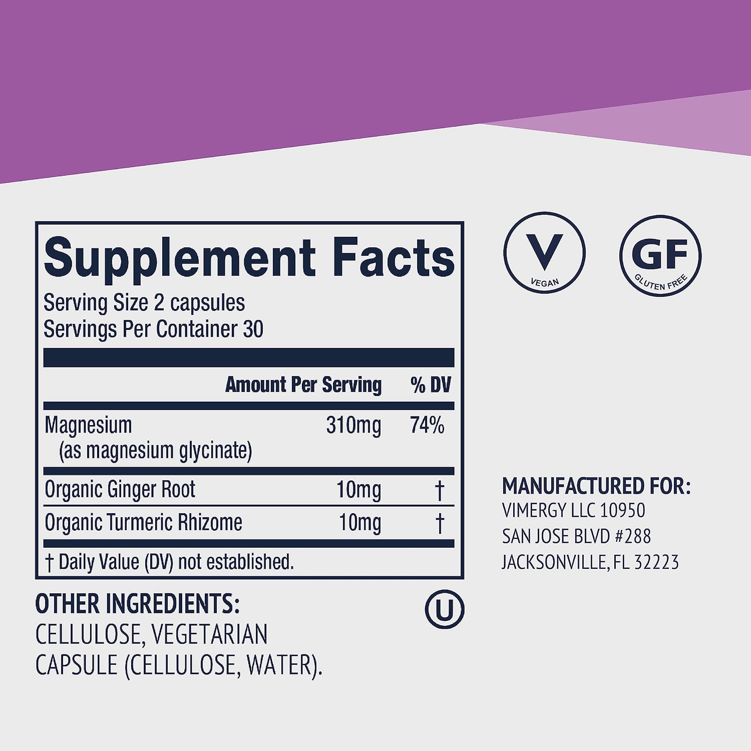 VIMERGY Magnesium Glycinate Supplement, Vegan, 180 Capsules, 90 Servings