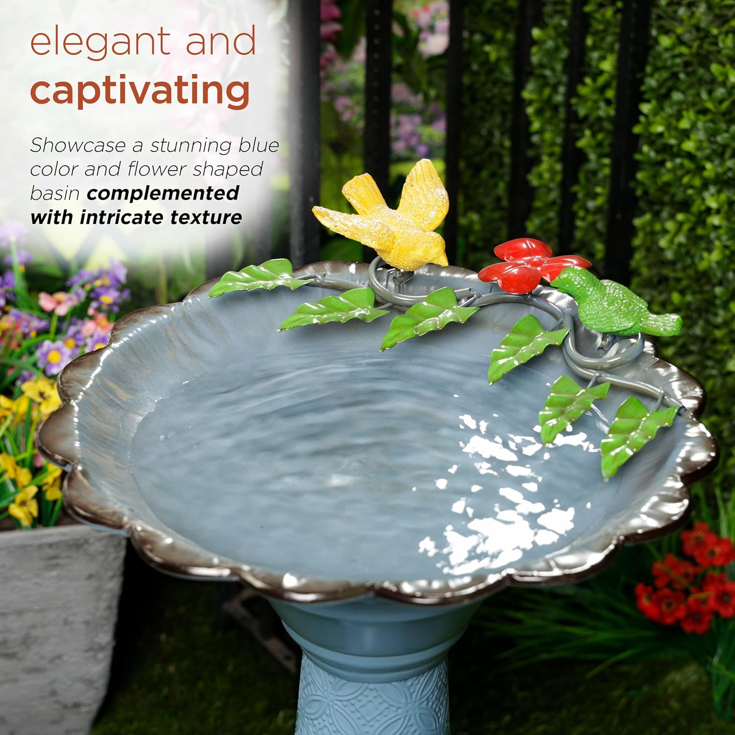 Alpine Corporation - 28" Tall Outdoor Metal Birdbath with Birds and Leaves Yard Statue Decoration, Red – Stunning Garden Accent to Attract Birds - Durable Construction for Patio, Deck, or Yard