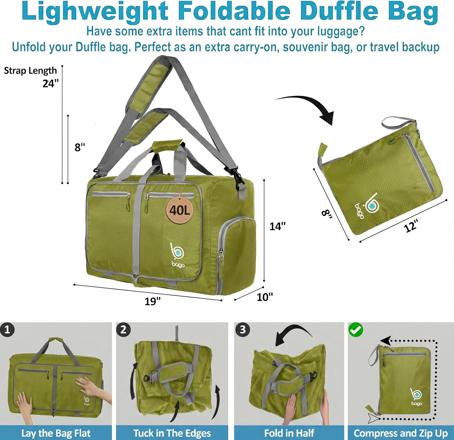 Bago Large Duffle Bag for Travel Women & Men. Durable Lightweight Foldable Travel Duffel Bags For Traveling Women. 80L Duffle Bags For Overnight Bag With Shoe Compartment Collapsible Weekender duffel