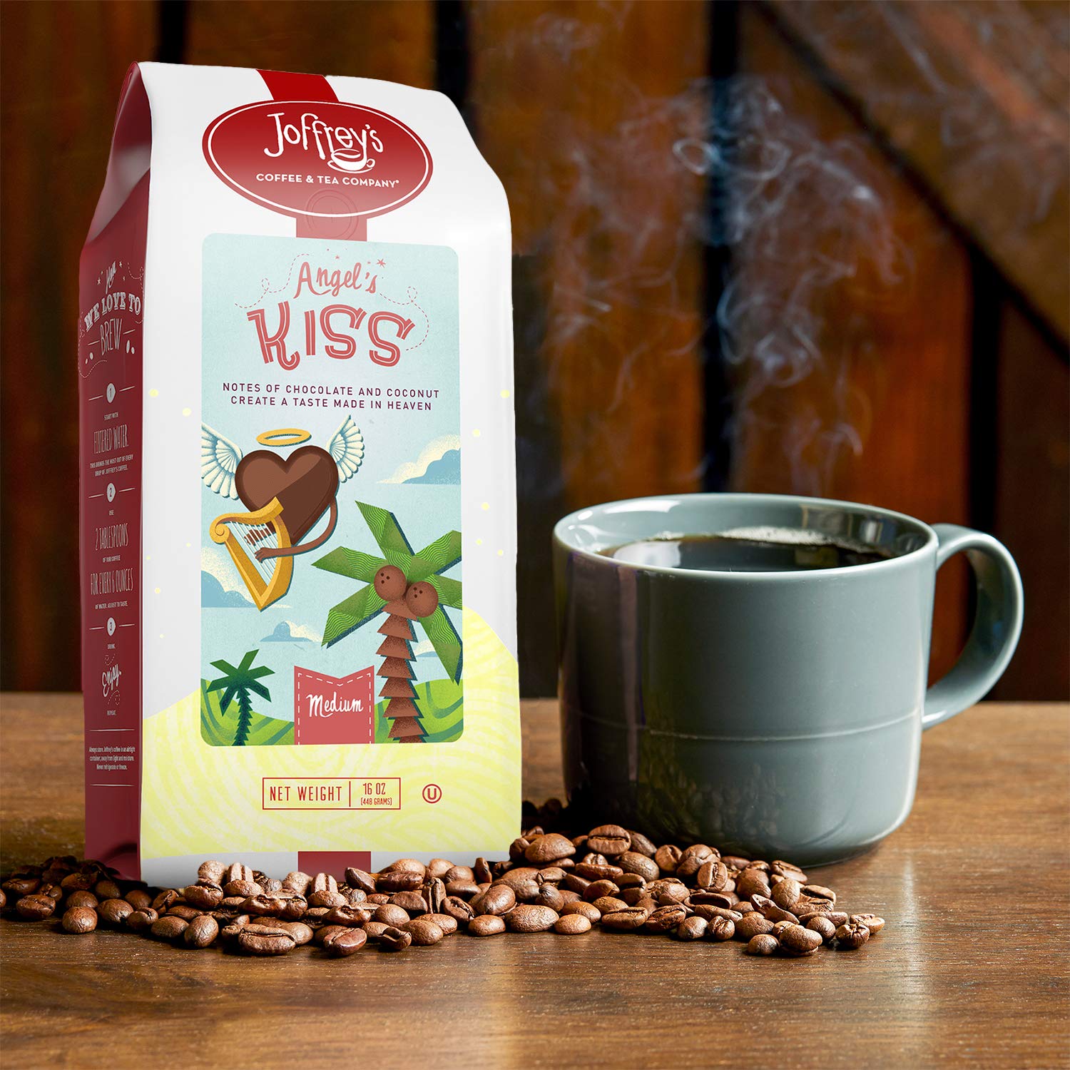 Joffrey's Coffee - Angel's Kiss, Artisan Medium Roast, Arabica Coffee Beans, Chocolate & Coconut Cream Flavor, Gluten-Free, Kosher, No Sugar (Ground