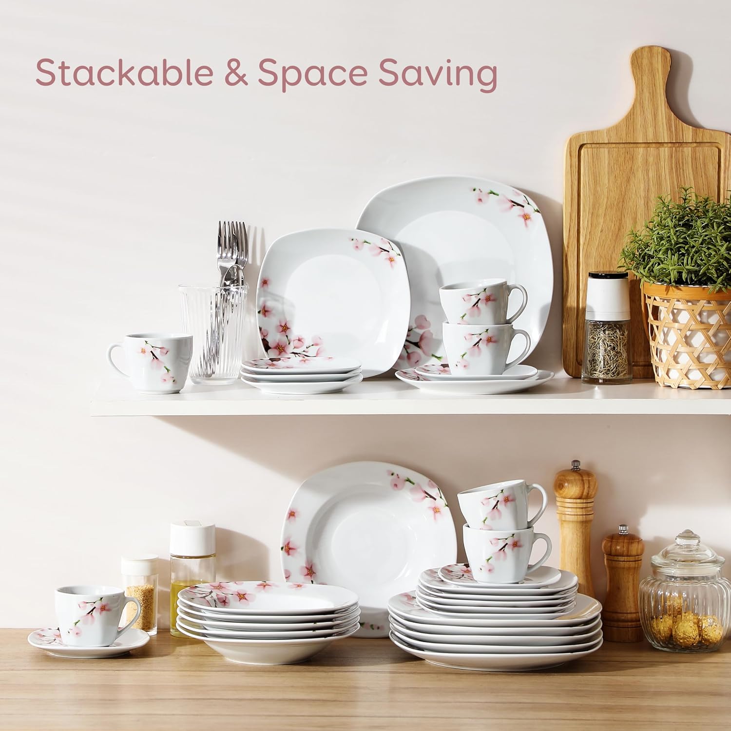 VEWEET 30 PCS Ceramic Dinnerware Sets for 6, Pink Floral Dish Set, ANNIE | Porcelain Dinner Set Including Dessert Plates, Soup Plates, Dinner Plates, Cups & Saucers, Microwave & Dishwasher Safe