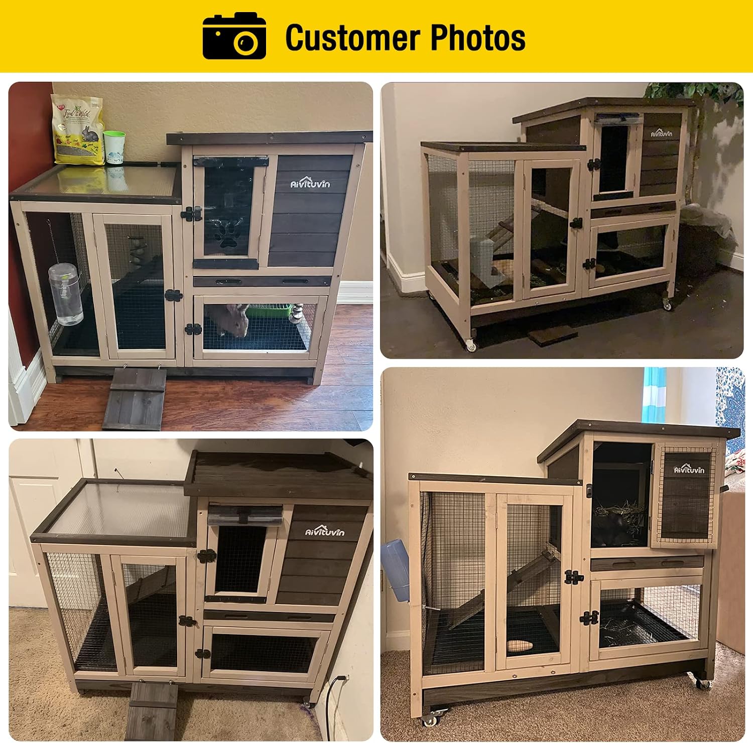 Aivituvin Upgrade Rabbit Cage Indoor Bunny Hutch with Run with Two Deeper No Leak Trays - 4 Casters Include for Outdoor (Coffee)