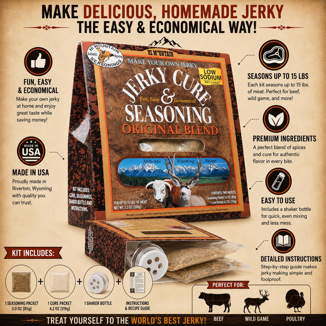 Hi Mountain HUNTERS BLEND Jerky Seasoning and Cure Kit | Low Sodium | Savory hunter-style flavor, perfect beef jerky seasoning for deer, elk, & venison. Smoker, dehydrator, or oven. Makes 15 lbs