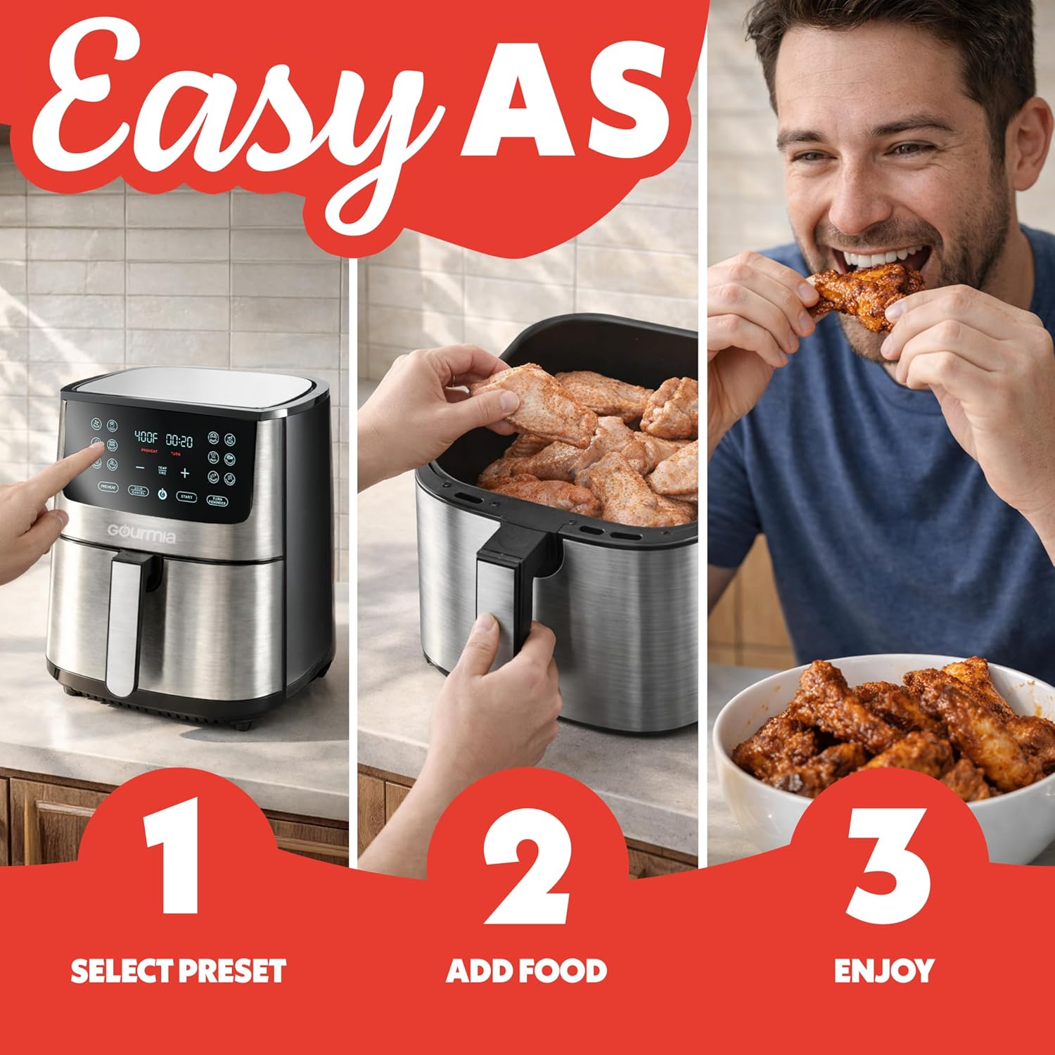 Gourmia Air Fryer Oven Digital Display 8 Quart Large AirFryer Cooker 12 Touch Cooking Presets