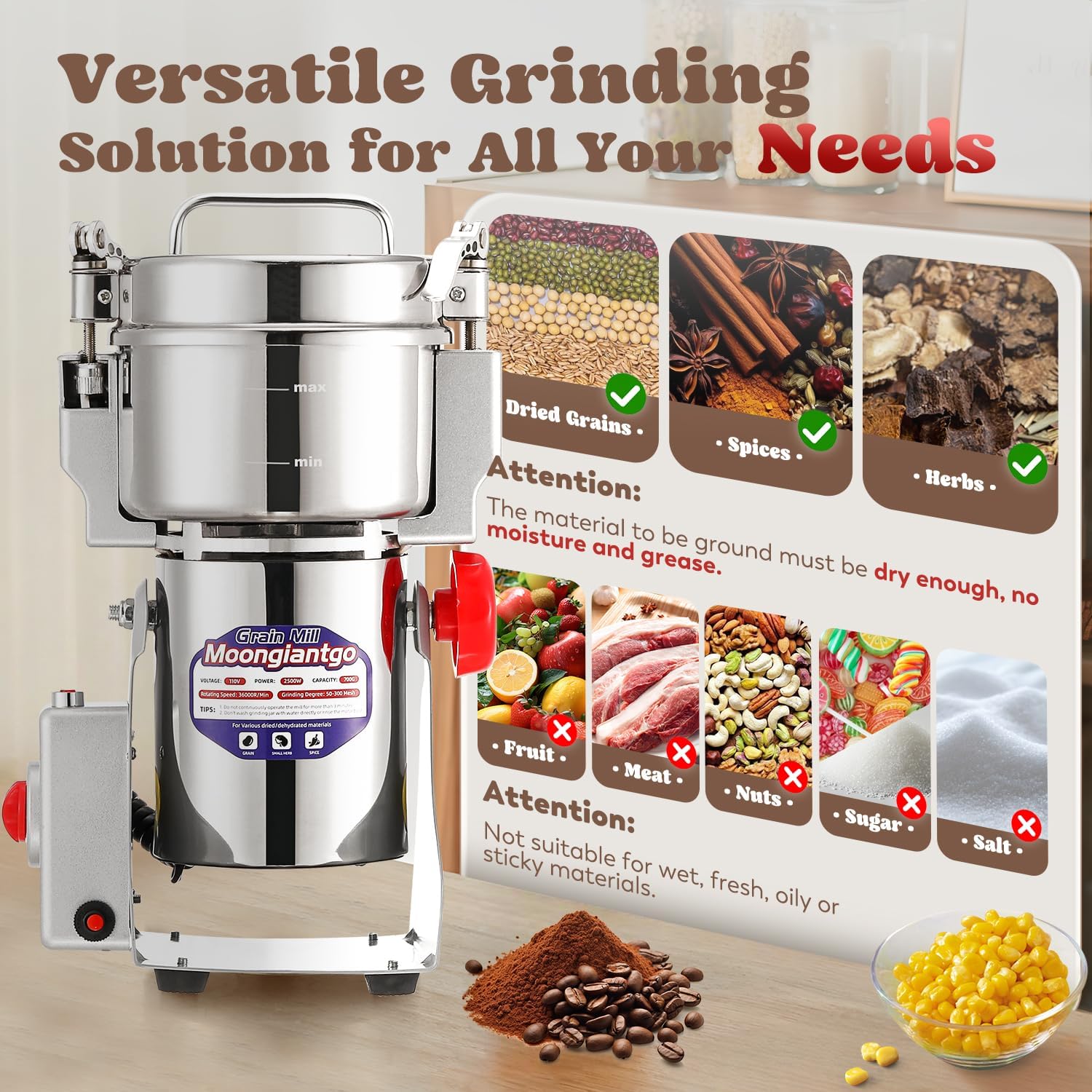 Moongiantgo Grain Mill Grinder Commercial Spice Grinder, 2500g Swing, 110V