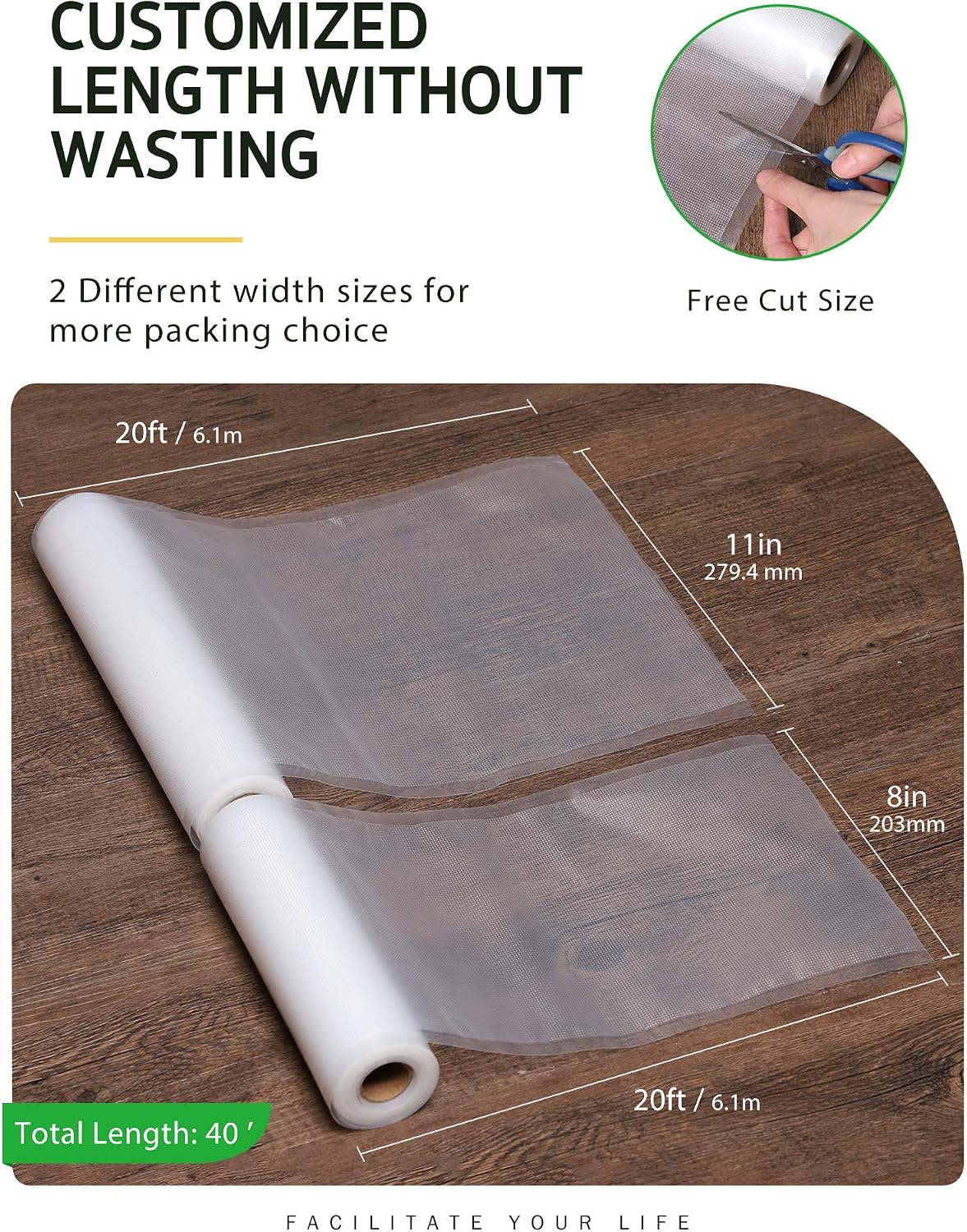 Syntus Vacuum Sealer Bags for Food, 3 Rolls 11" x 20' and 3 Rolls 8" x 20'