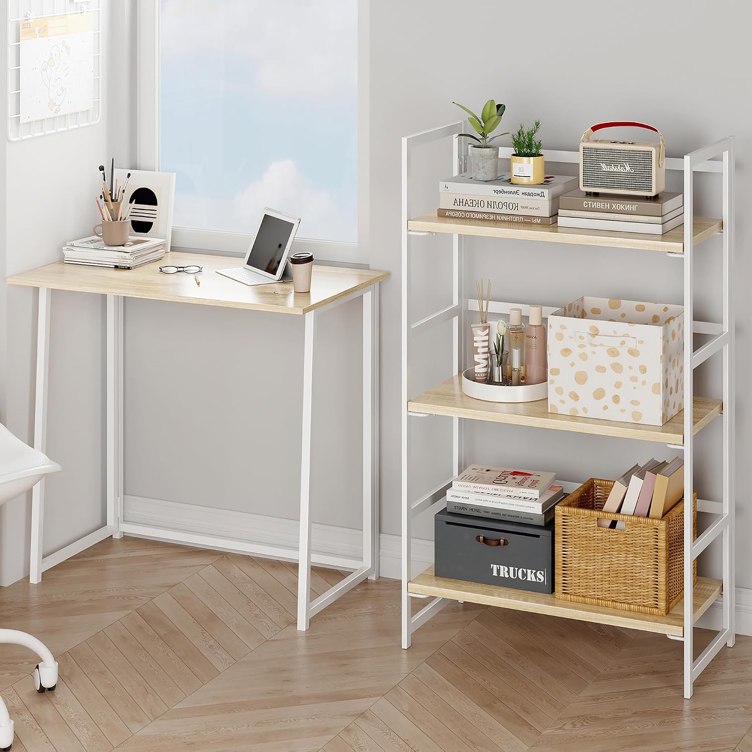 Vintage Multifunctional Folding Bookshelf, No-Assembly Plant Stand Storage Rack Shelves for Home Office (Fire, 5-Tier)