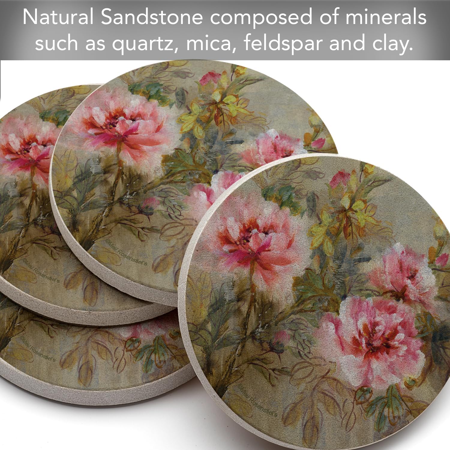 Thirstystone Paeona II Natural Sandstone Coaster 4 Pack | 4” Diameter, Manufactured in the USA, Protective Cork Backing