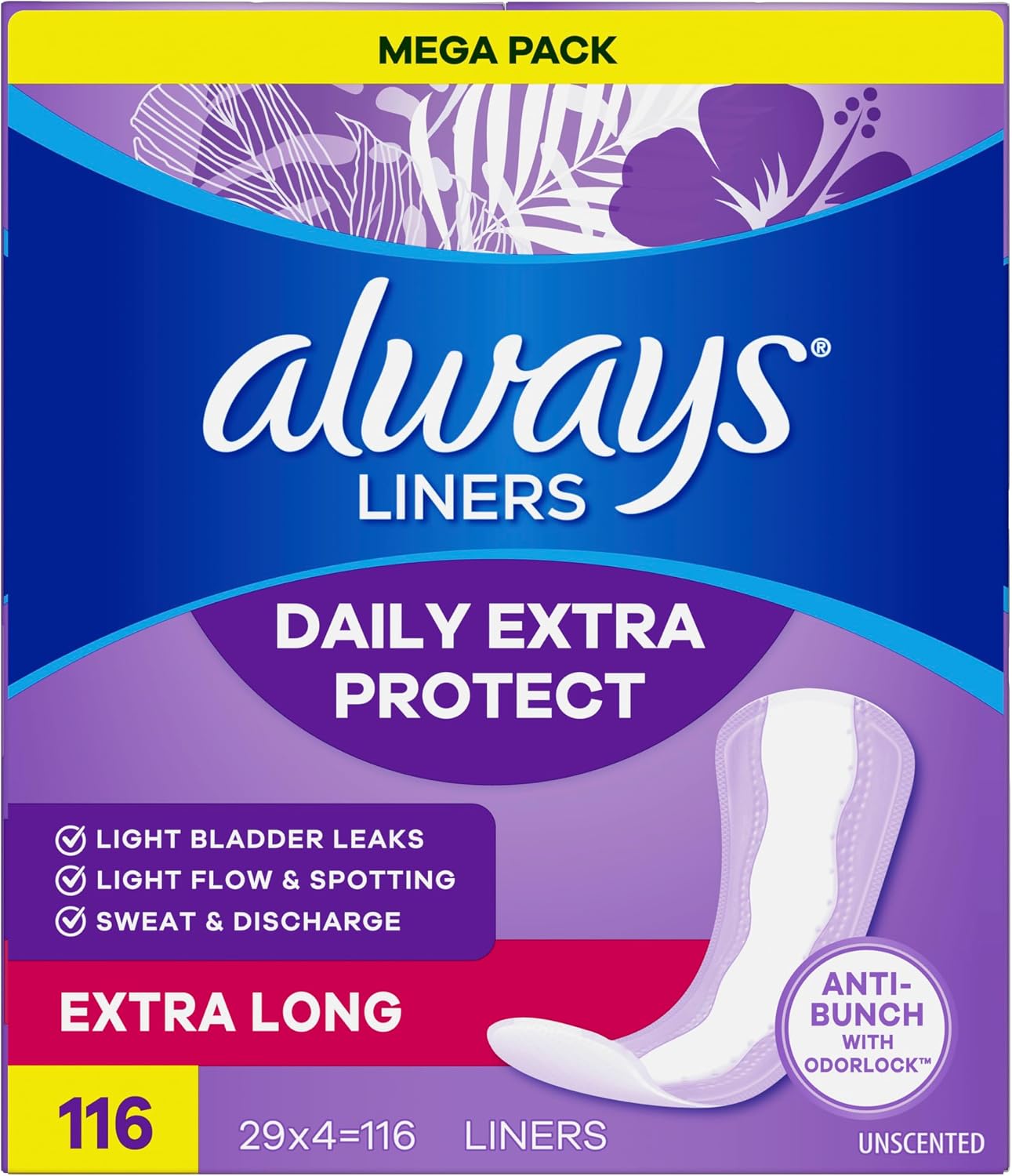 Always Panty Liners for Women Xtra Protection 3-in-1 Daily Liners for Women, Extra Long, Scented, 60 Count
