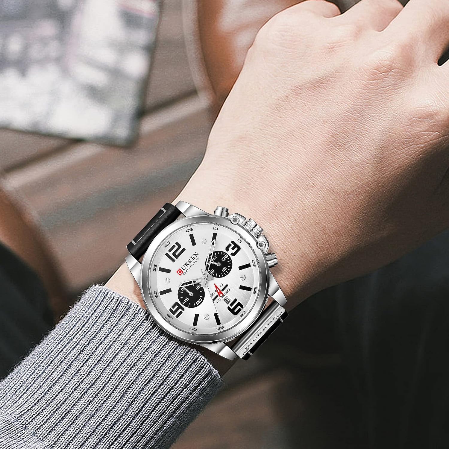 FANMIS Mens Classic Analog Quartz Chronograph Sandwich Dial Leather Watch
