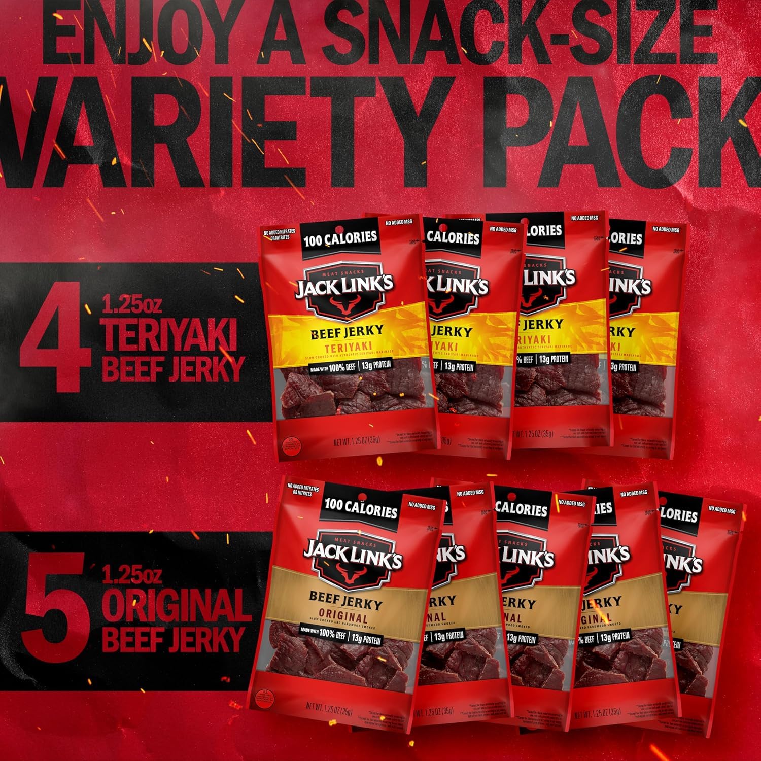 Jack Link's Beef Jerky Variety Pack - Original and Teriyaki - (9 Pack) 1.25 oz Bag - Ready to Eat Protein Snacks - 13g Protein per Serving - Made with 100% Real Beef | Bag - Ready to Eat Protein Snacks - 13g Protein per Serving - Made with 100% Real Beef