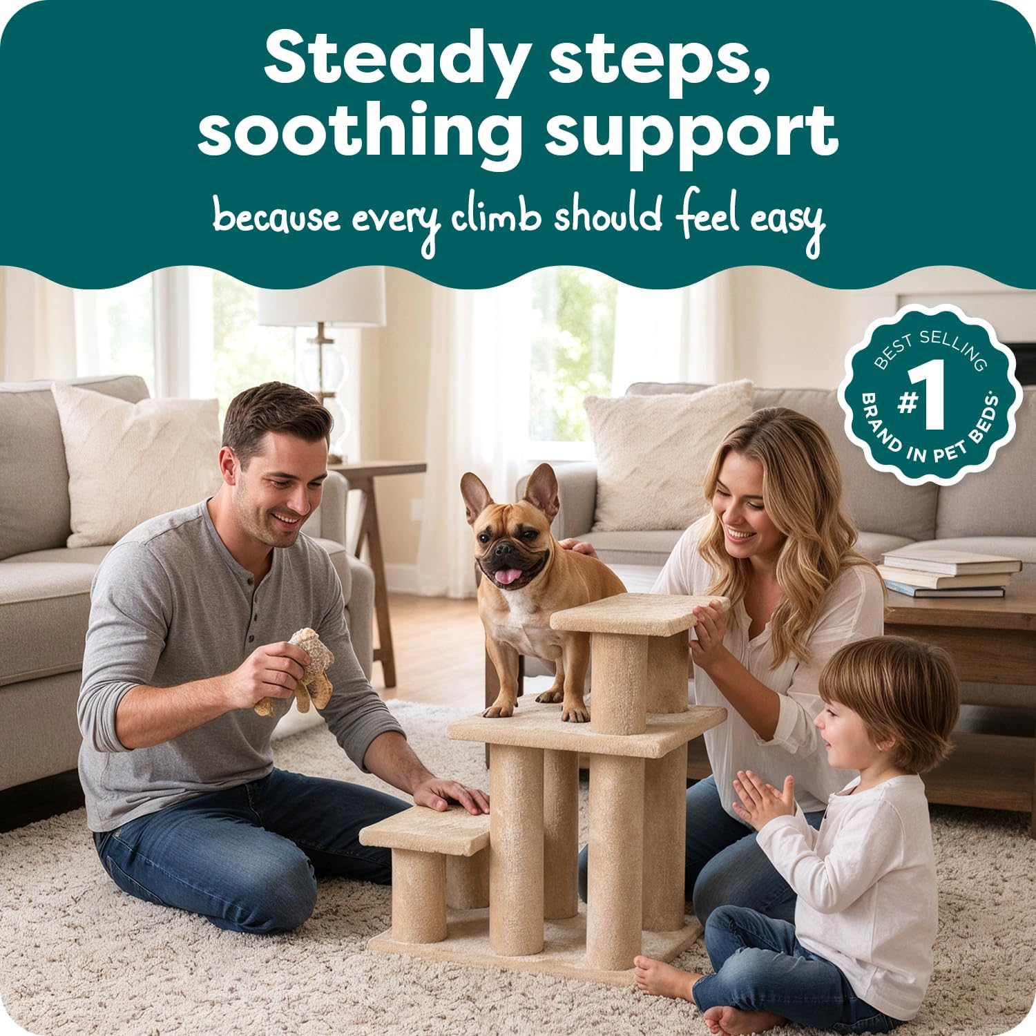 Furhaven Steady Paws Multi-Step Pet Stairs for High Beds & Sofas - Cream, 3-Step