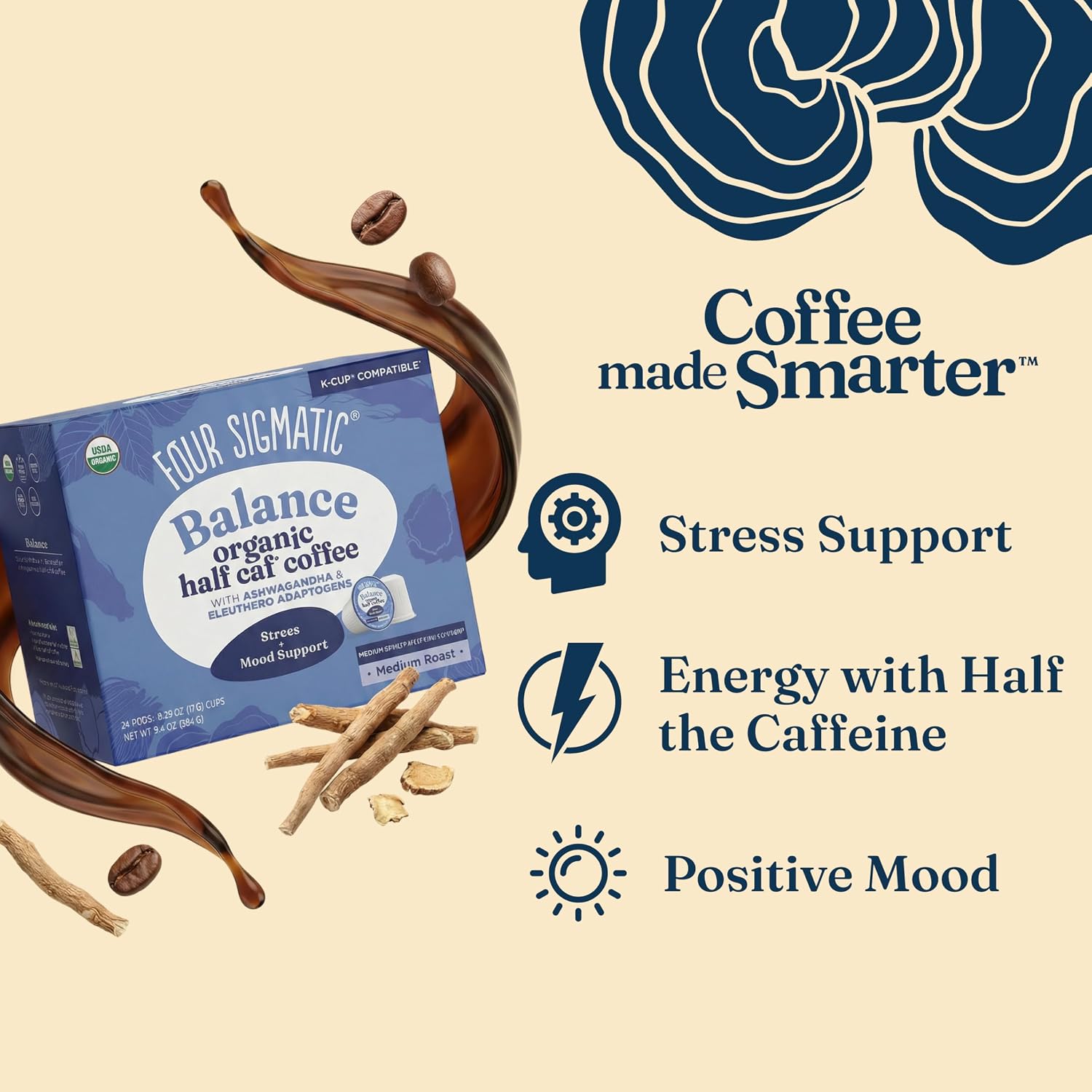 Four Sigmatic Mushroom Coffee K-Cups | Organic Dark Roast Coffee with Lion’s Mane Mushroom Powder & Yacon | Focus & Immune Support | Vegan & Keto