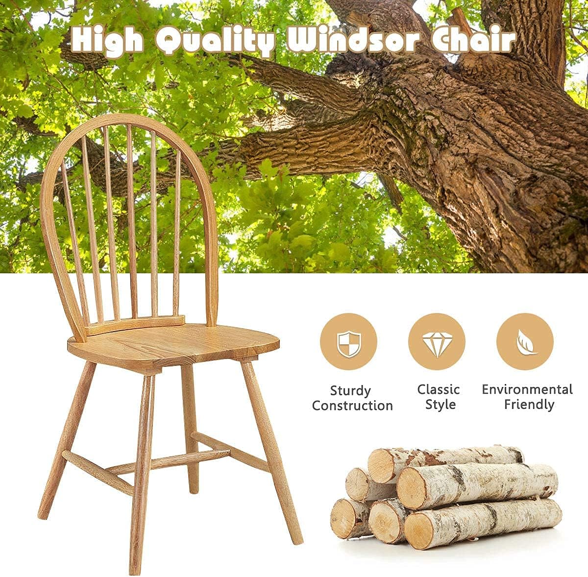 GIANTEX Wood Dining Chairs Set of 4, Windsor Chairs with Solid Wood Legs, High Spindle Back, H-Shaped Crossbars