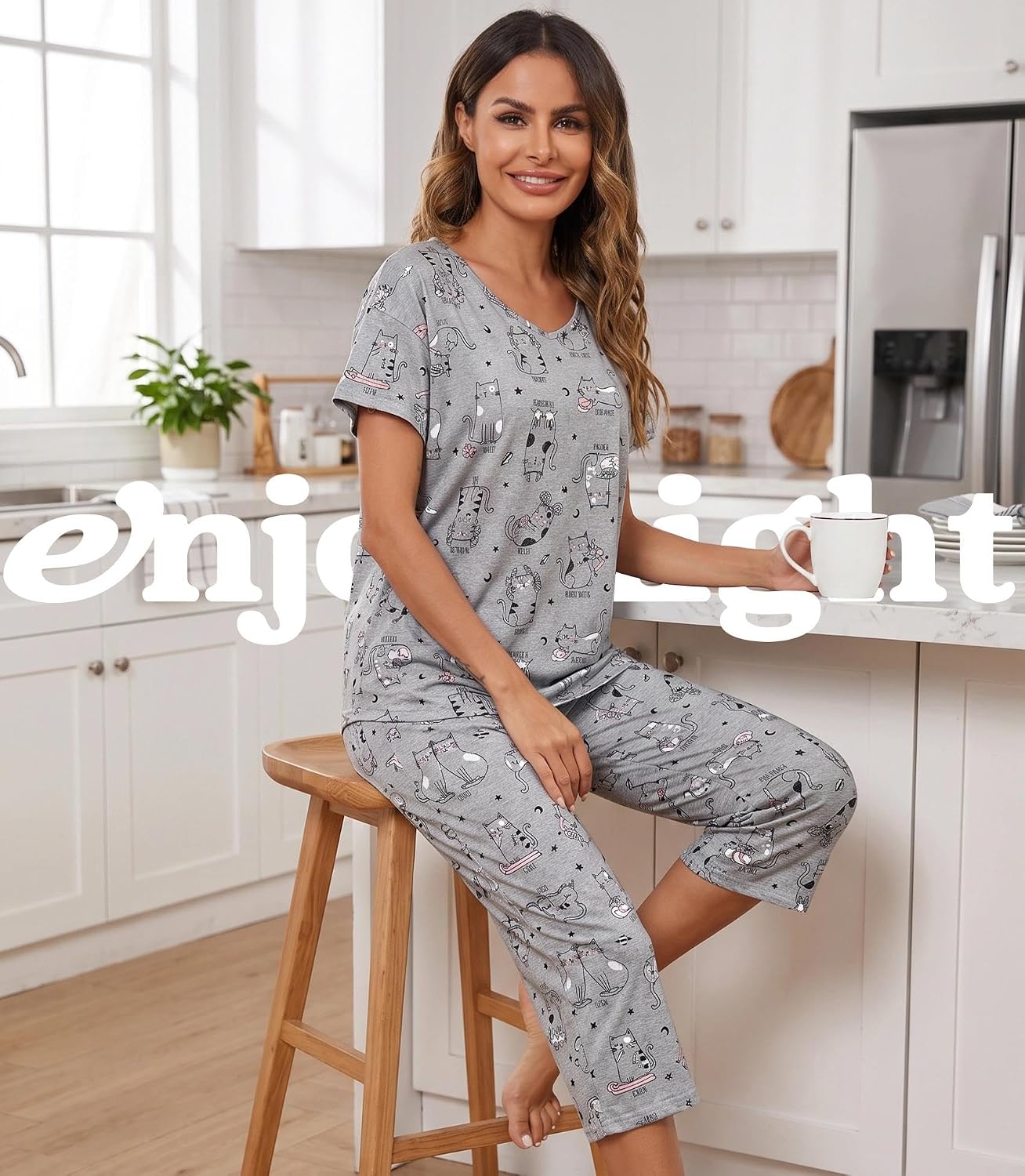 ENJOYNIGHT Womens Pajama Set Cotton Short Sleeve Top With Capri Pants Pj