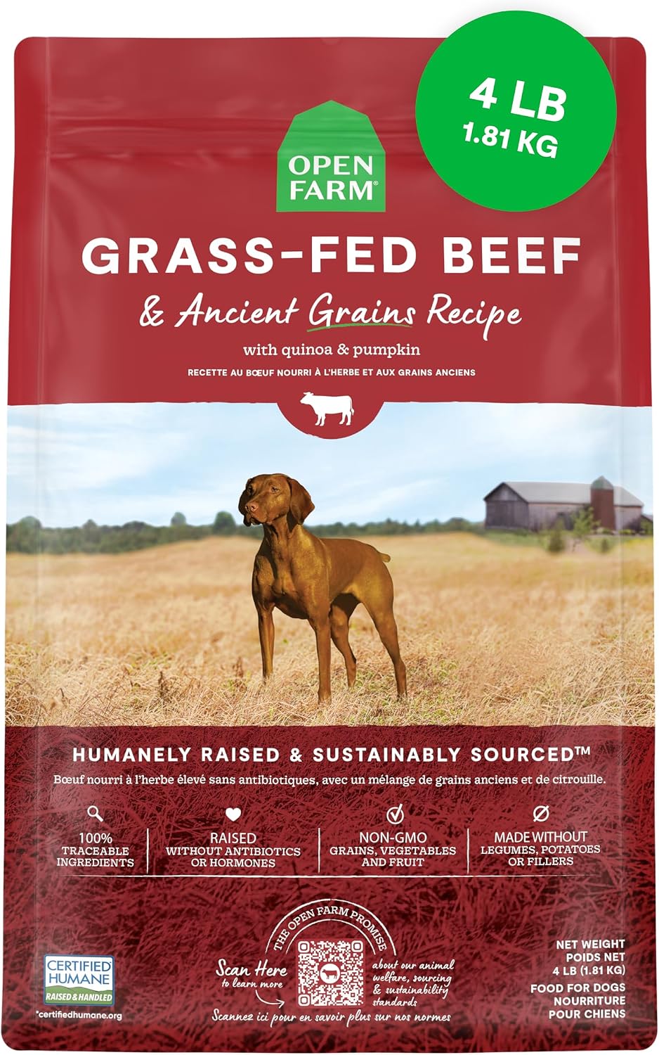 Open Farm Ancient Grains Dry Dog Food, Grass-Fed Beef Kibble, 11lb Bag