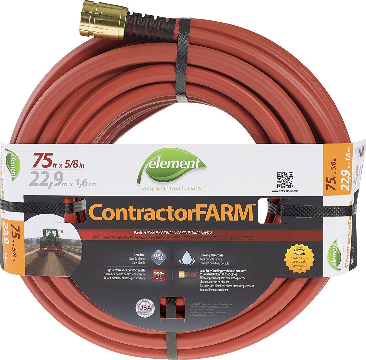 Element ContractorFARM Heavy Duty Watering Hose, 100' Length, 3/4" Diameter, 400+ PSI, Red