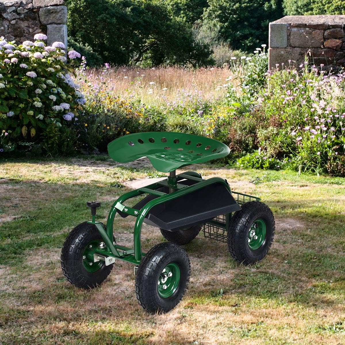 Goplus Rolling Garden Cart with Seat, Outdoor Garden Stool with Wheels, Tool Tray & Basket, Adjustable Steering Handle