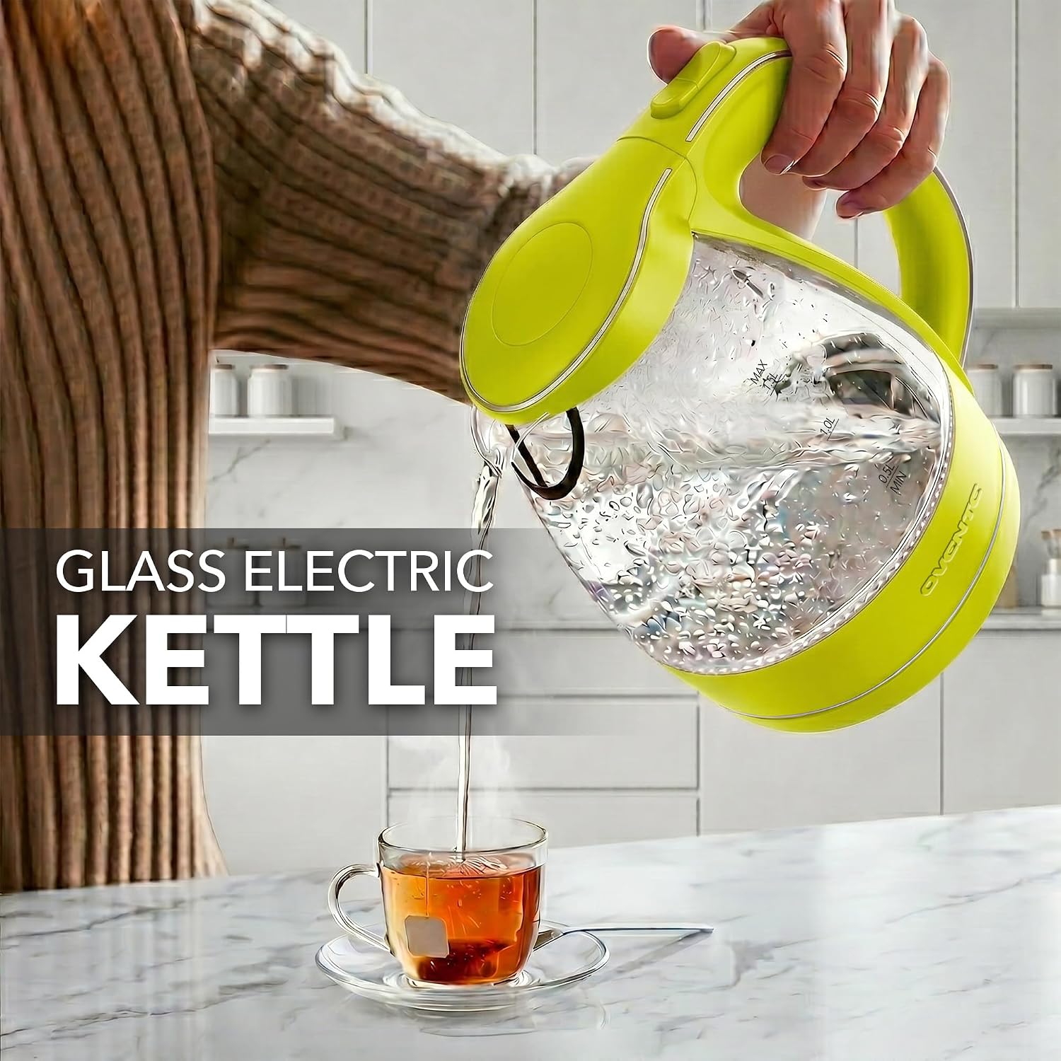 OVENTE 1.5L Glass Electric Kettle Water Boiler, Black KG83B | 1100W Fast Boiling, Borosilicate Glass, BPA-Free, Blue LED, Auto Shut-Off, Boil-Dry Protection, Removable Filter, 360° Base