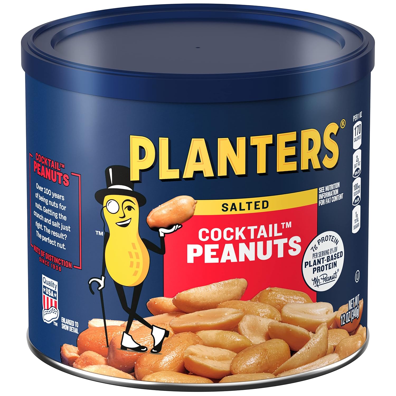 PLANTERS Salted Peanuts, Plant Based Protein Snacks, 12 Oz (1 Ct) | Roasted Salted Nuts. Resealable Canister. Snacks for Adults. Party Mix, Party Snacks