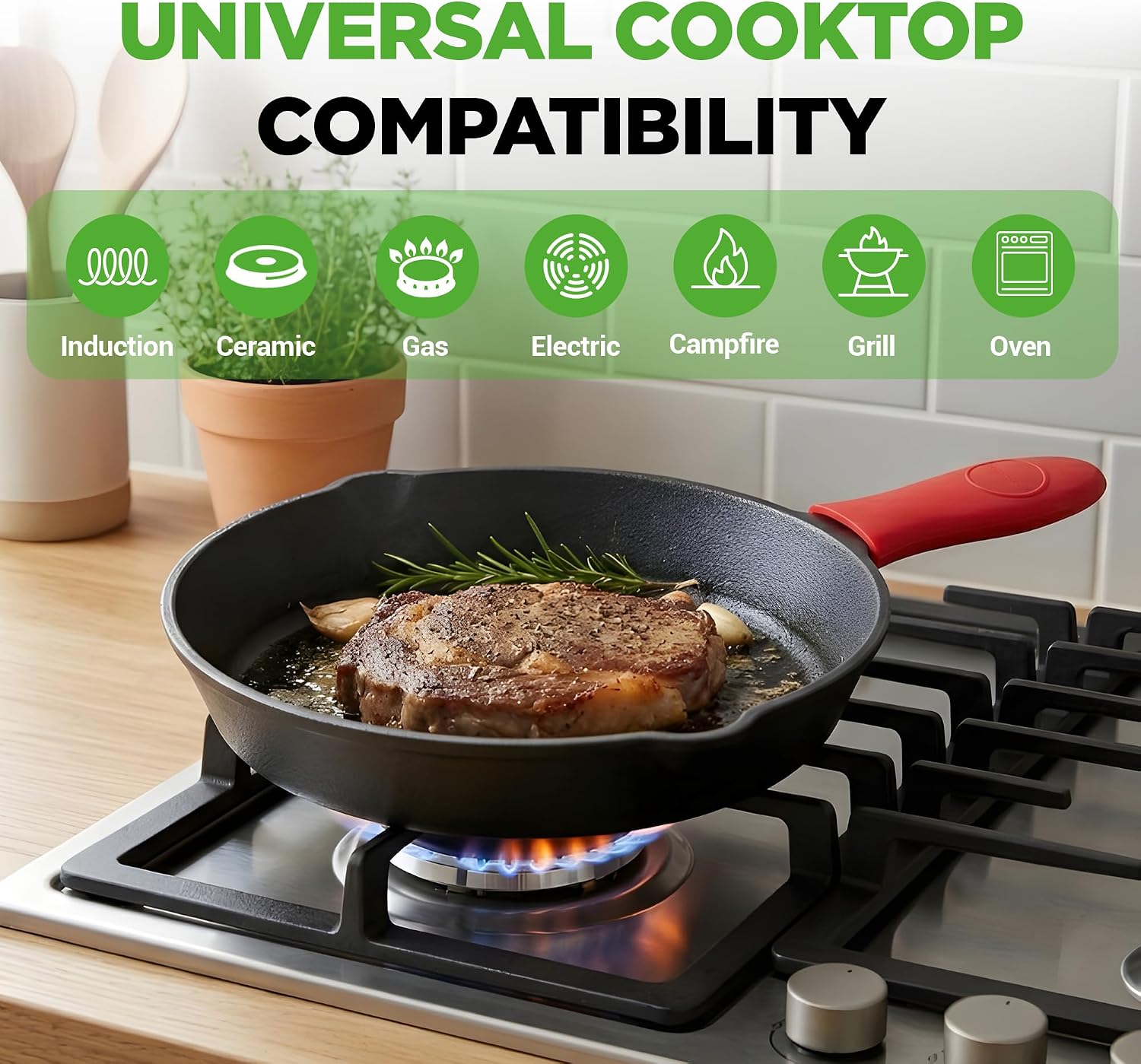 NutriChef 10 Inch Cast Iron Skillet with Lid - Pre-Seasoned Small Fry Pan with Side Drip Spout and Silicone Handle