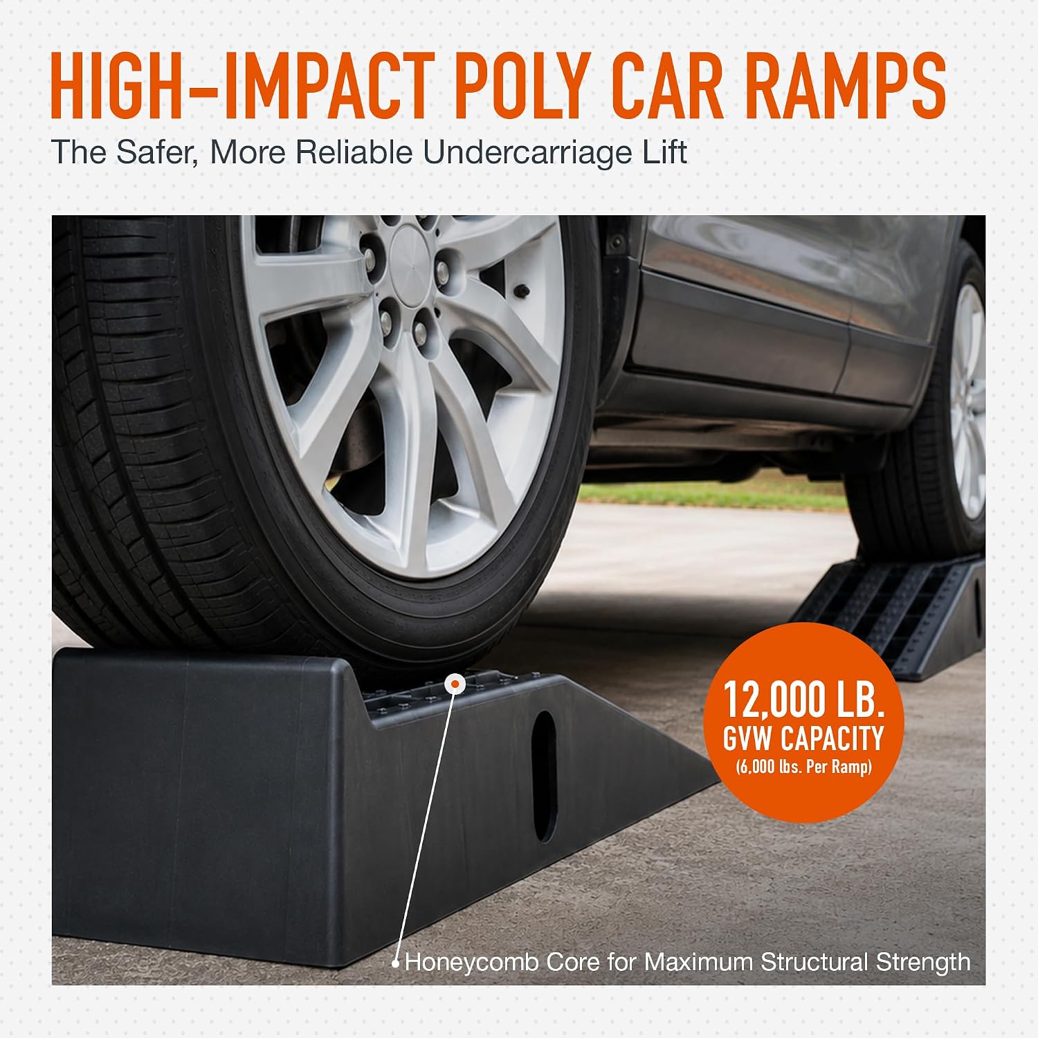 Ironton Poly Car Ramp Set, 12, 000-Lb. GVW, 35.5in.L x 12in.W, 2-Pc. | High-impact construction, 6, 000-lb. capacity per ramp, Non-skid tread