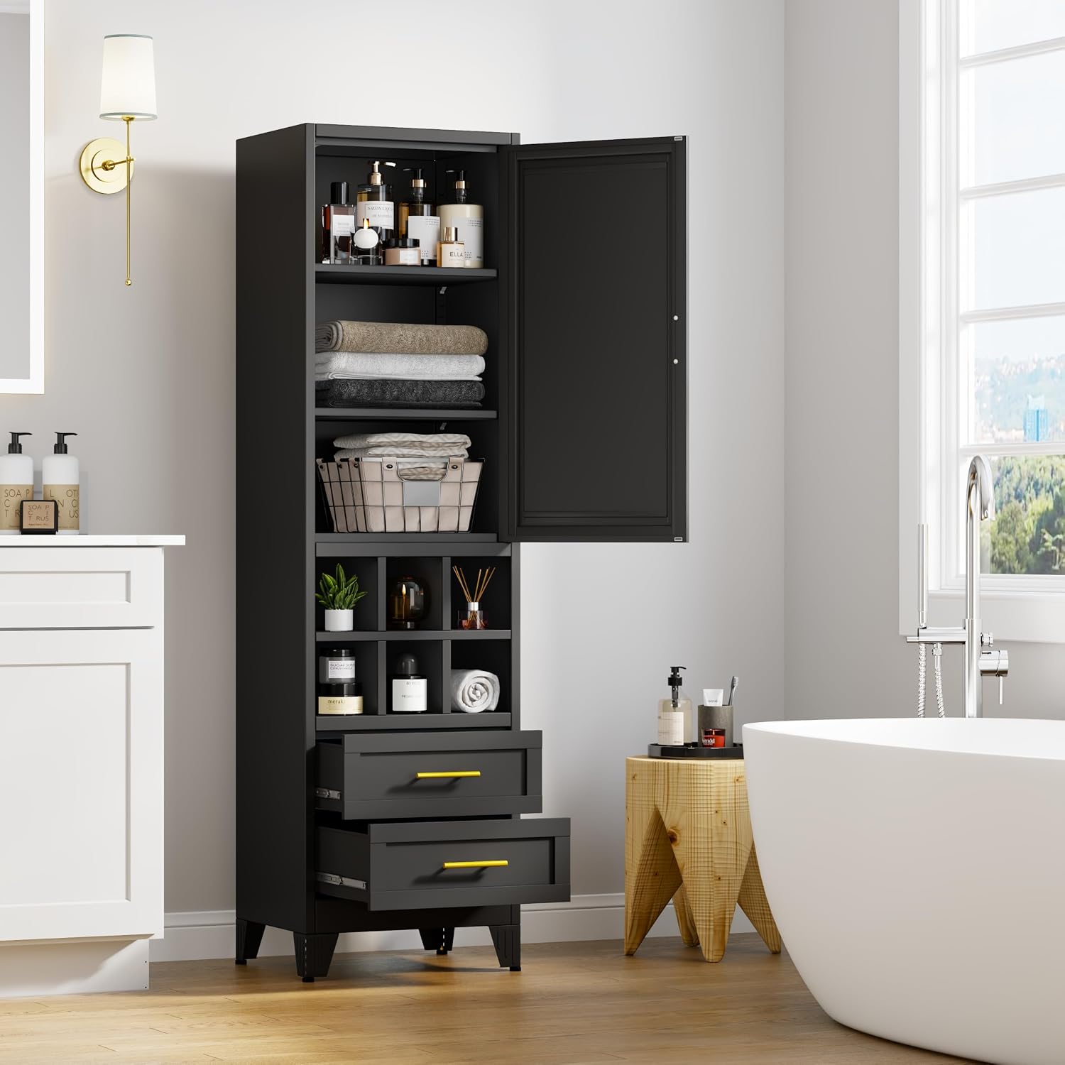 Ckzbx Tall Narrow Storage Cabinet 66.93" H Tall Bathroom Cabinet Metal Pantry Cabinets, 4 Adjustable Shelves for Kitchen, Home Office, Living Room, Dinning Room (20 inches Wide White)