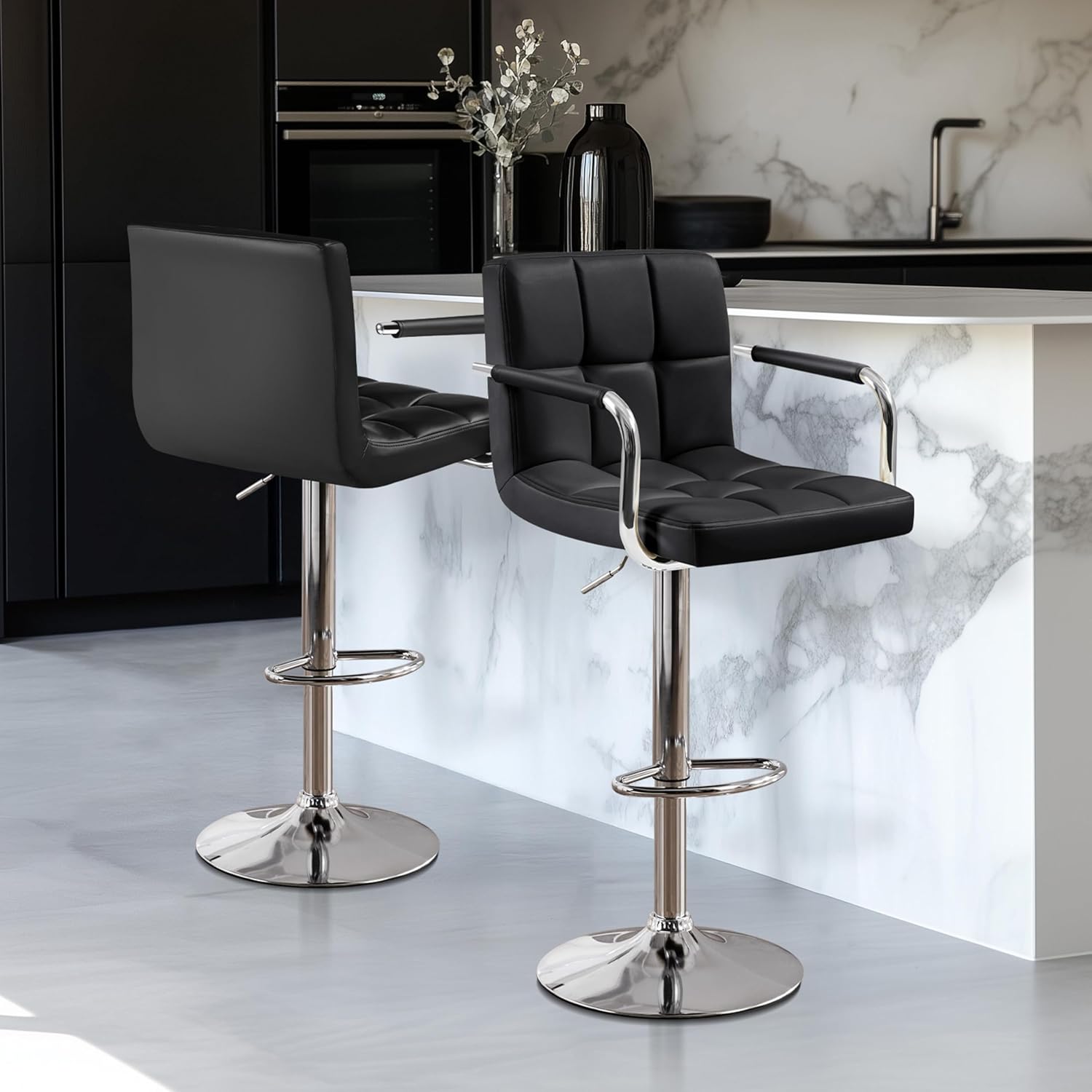 Yaheetech Bar Stools Set of 2, Swivel with Backs, Adjustable Height, White | 360° Swivel Barstools Feature Padded PU Leather Seats, Supportive Backs, 300 lb Capacity for Kitchen Islands