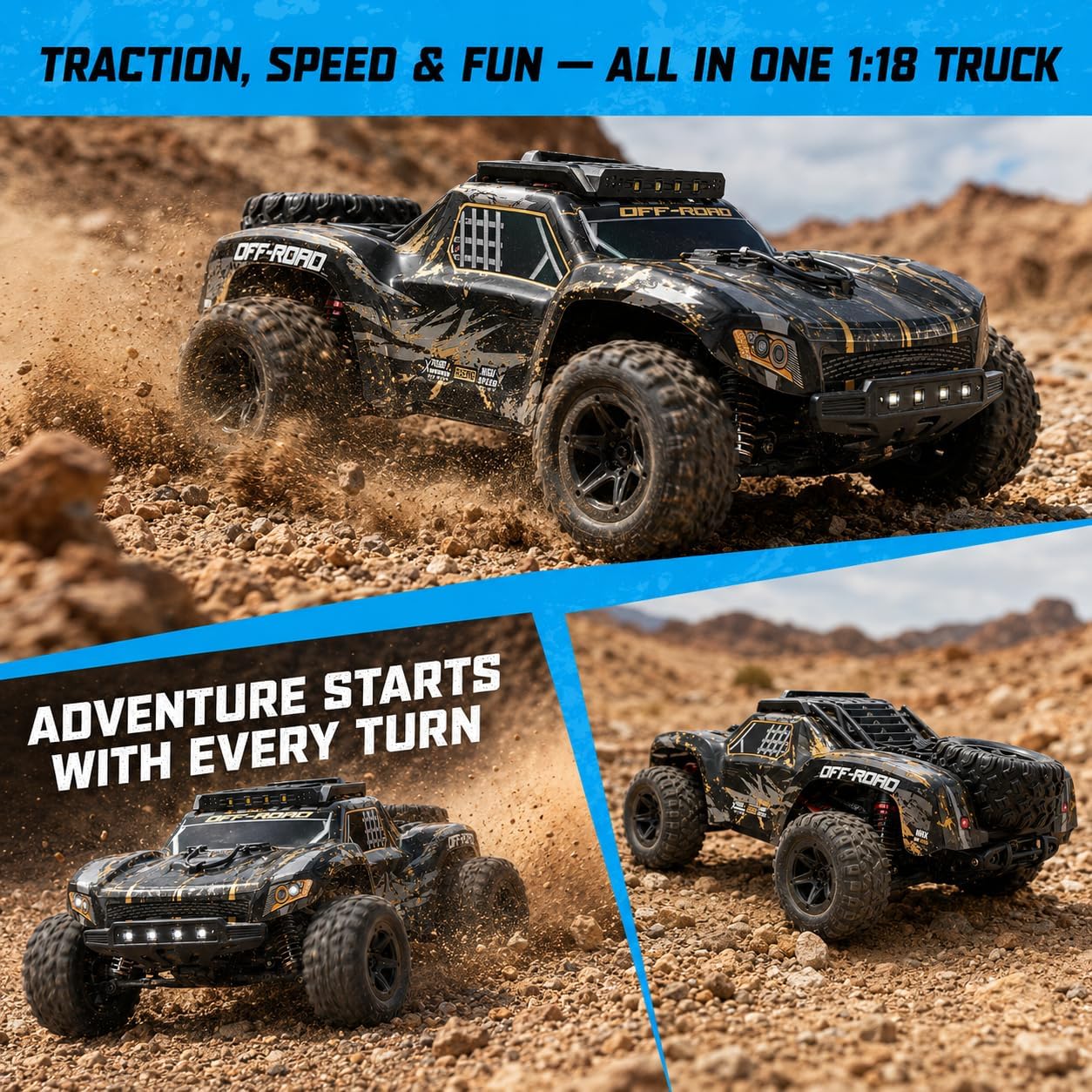 RC Car for Adults,RC Truck,4WD Off Road Monster Truck RC, 1:18 RC car,2 Batteries, LED Lights, All Terrain Waterproof RC Truck for Beginners&Boys.