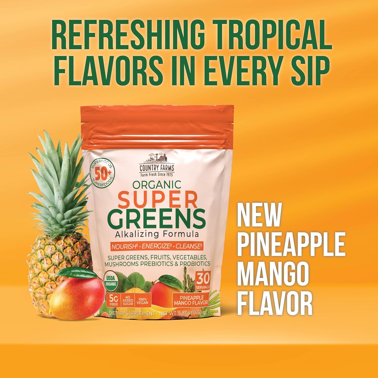 Country Farms Organic Super Greens Powder, Daily Greens Drink Mix with 50 Organic Superfoods, Fruits, Vegetables, Fiber, Mushrooms & Probiotics for Gut Health, Digestion & Energy, Berry Flavor