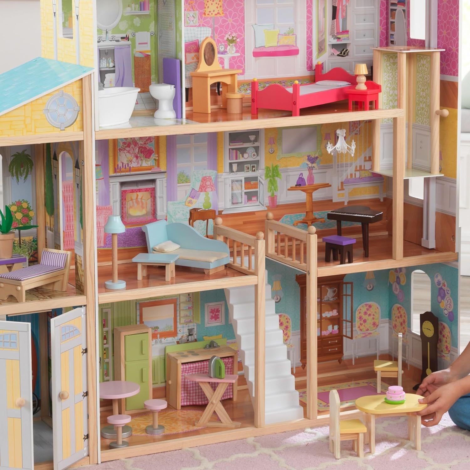 KidKraft Majestic Mansion Wooden Dollhouse with 34 Pieces, Working Elevator | 4 Feet Tall, Garage, 4 Floors, 8 Rooms, Attic Nursery