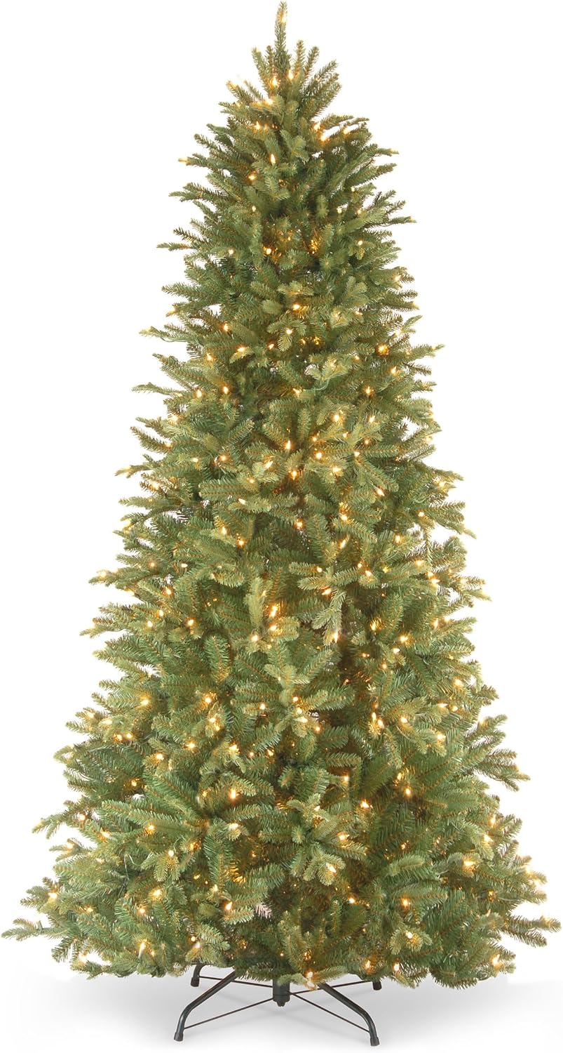 National Tree Company 7.5ft Pre-Lit Tiffany Fir Slim Christmas Tree | 600 Clear Lights, 1,878 Tips, Includes Stand, Artificial, Green