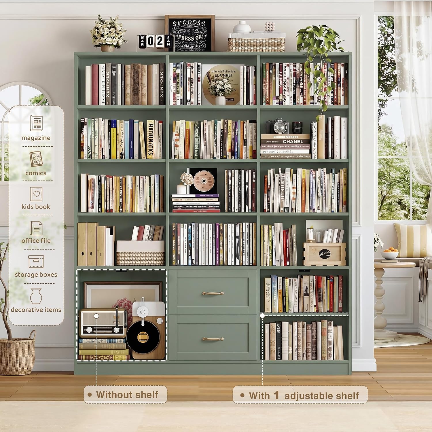 HOSTACK 71" Tall Triple Wide Bookshelf with Storage Drawers & Doors, Green | Large Bookcase with Cabinet, Modern 6-Tier Open Display Shelves, Wood Book Shelf for Living Room, Home Office