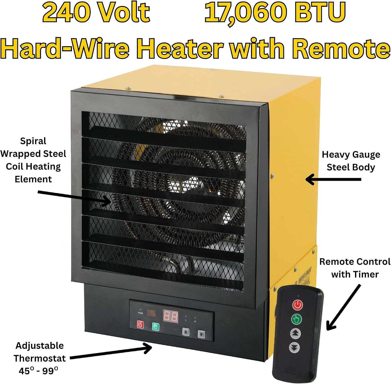 Dura Heat EWH5510 Electric Forced Air Heater with Remote Control 17, 060 Btu, Yellow, Large | NO PLUG Hardwired Install Required, Steel Body, 17