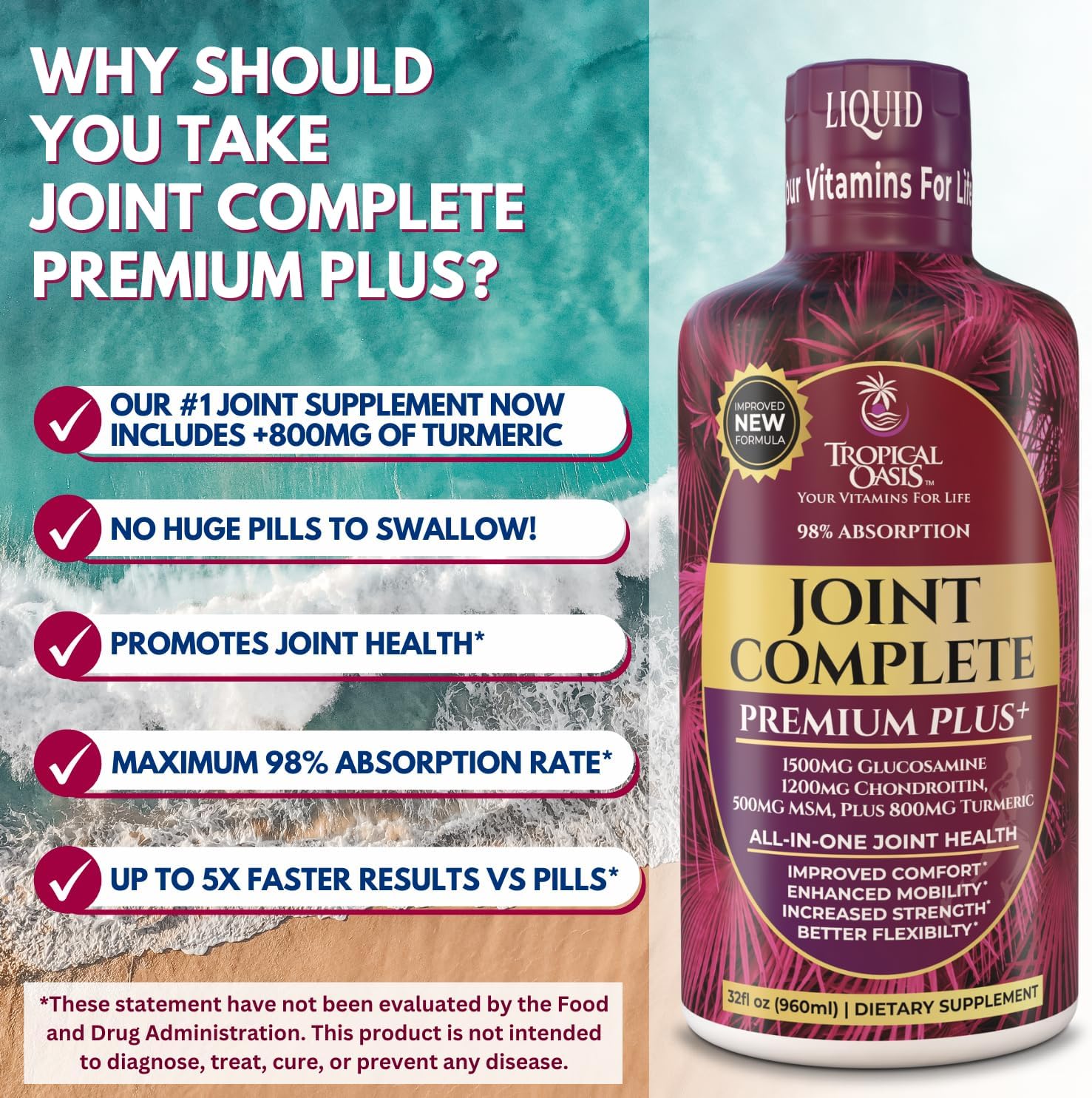 Joint Complete Premium Plus - Liquid Joint Supplement w/Glucosamine, Chondroitin, MSM Plus 800mg Turmeric – 98% Max Absorption – 32oz, 32 serv